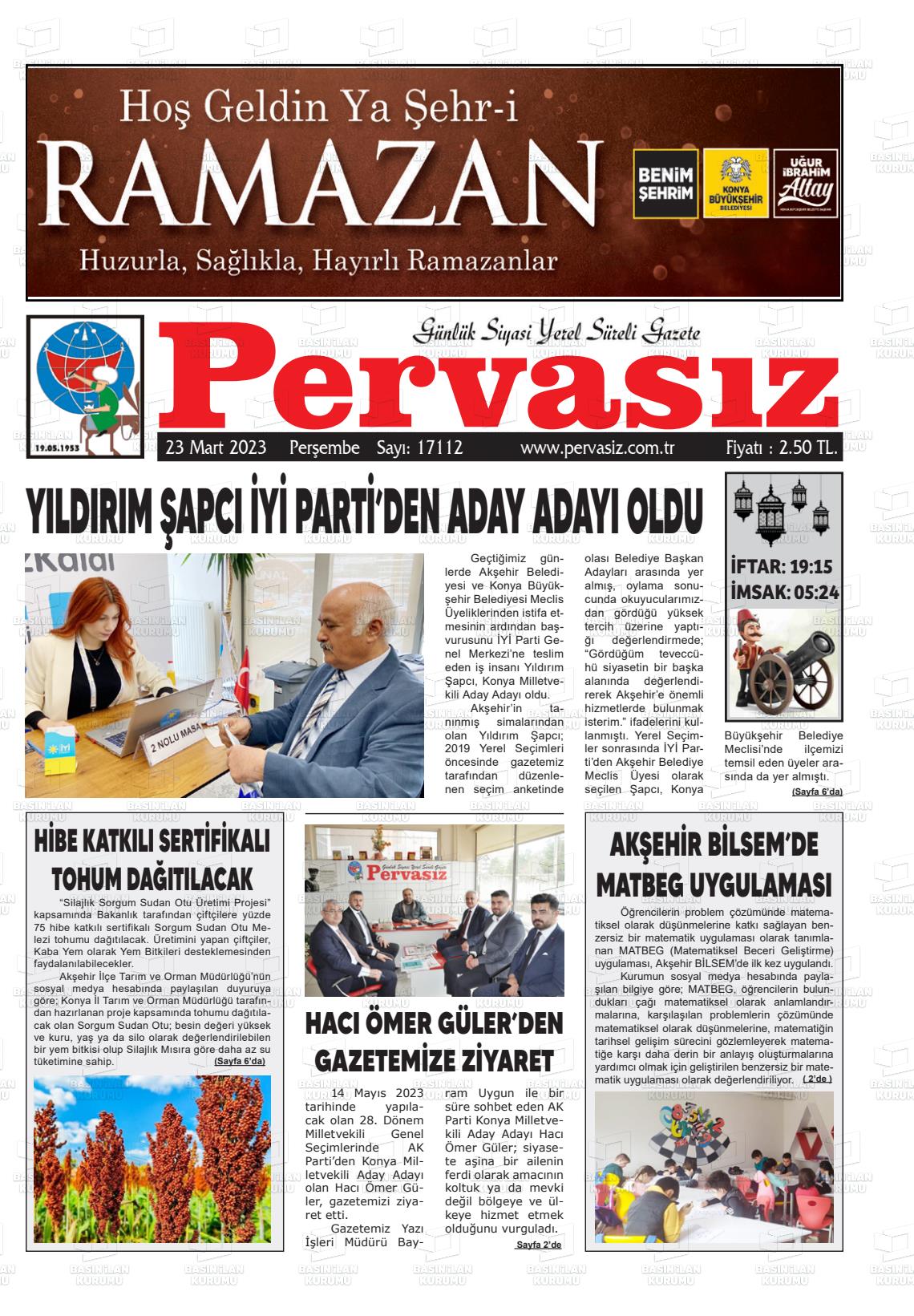 23 Mart 2023 Konya Pervasız Gazete Manşeti