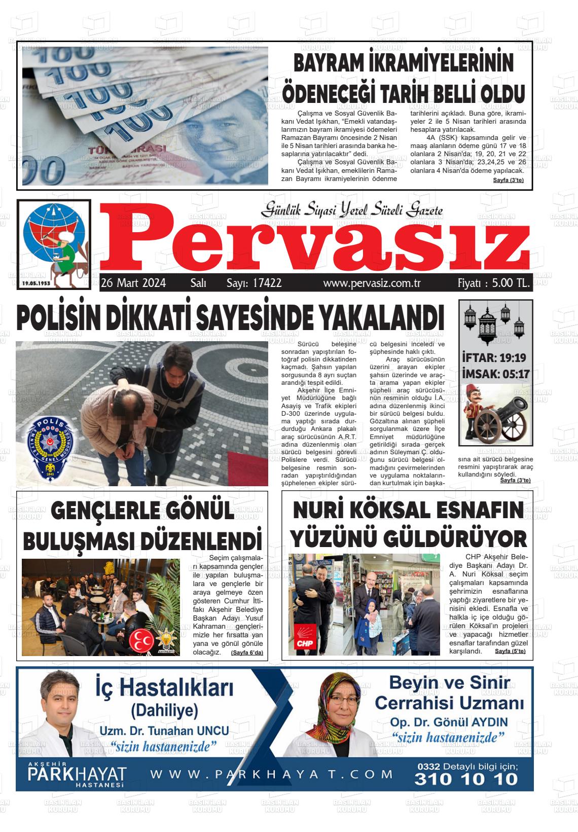26 Mart 2024 Konya Pervasız Gazete Manşeti