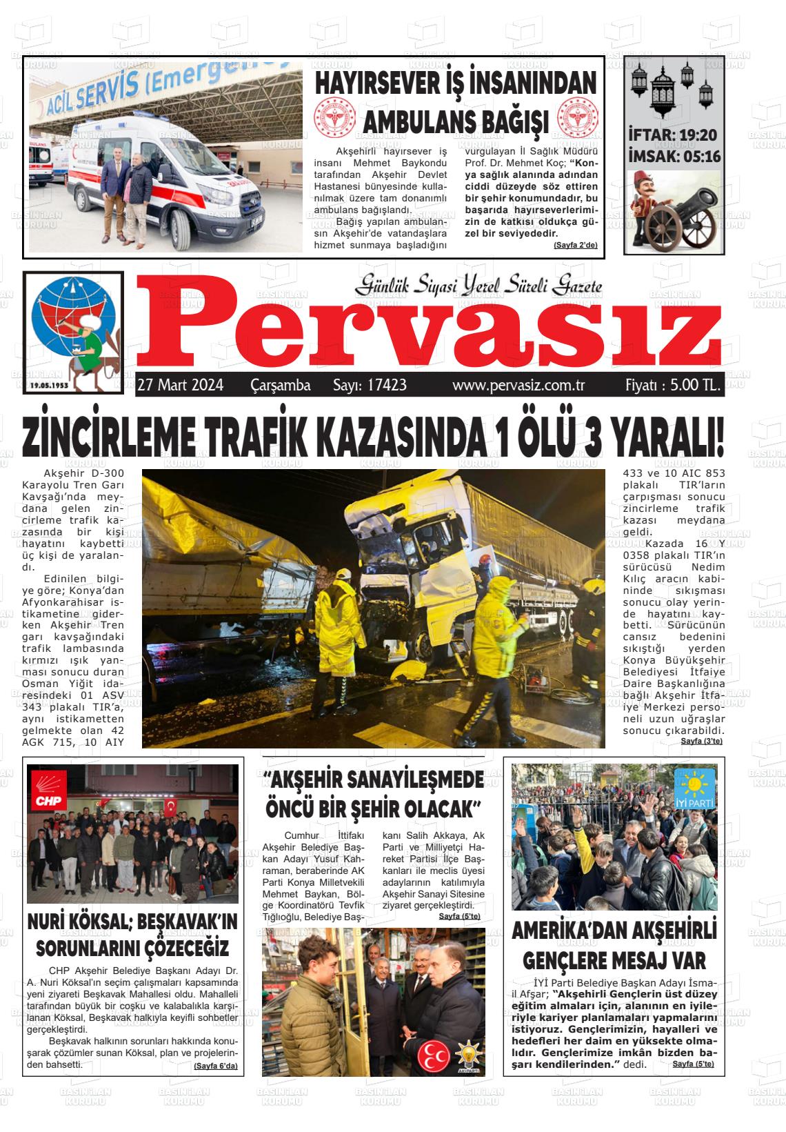 27 Mart 2024 Konya Pervasız Gazete Manşeti