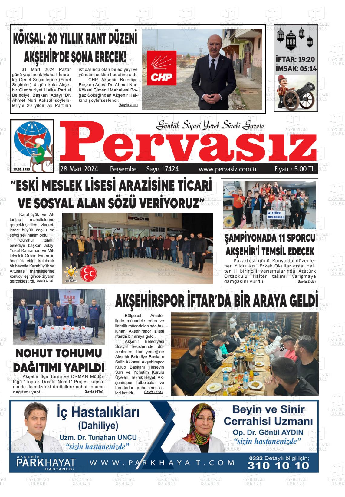 28 Mart 2024 Konya Pervasız Gazete Manşeti