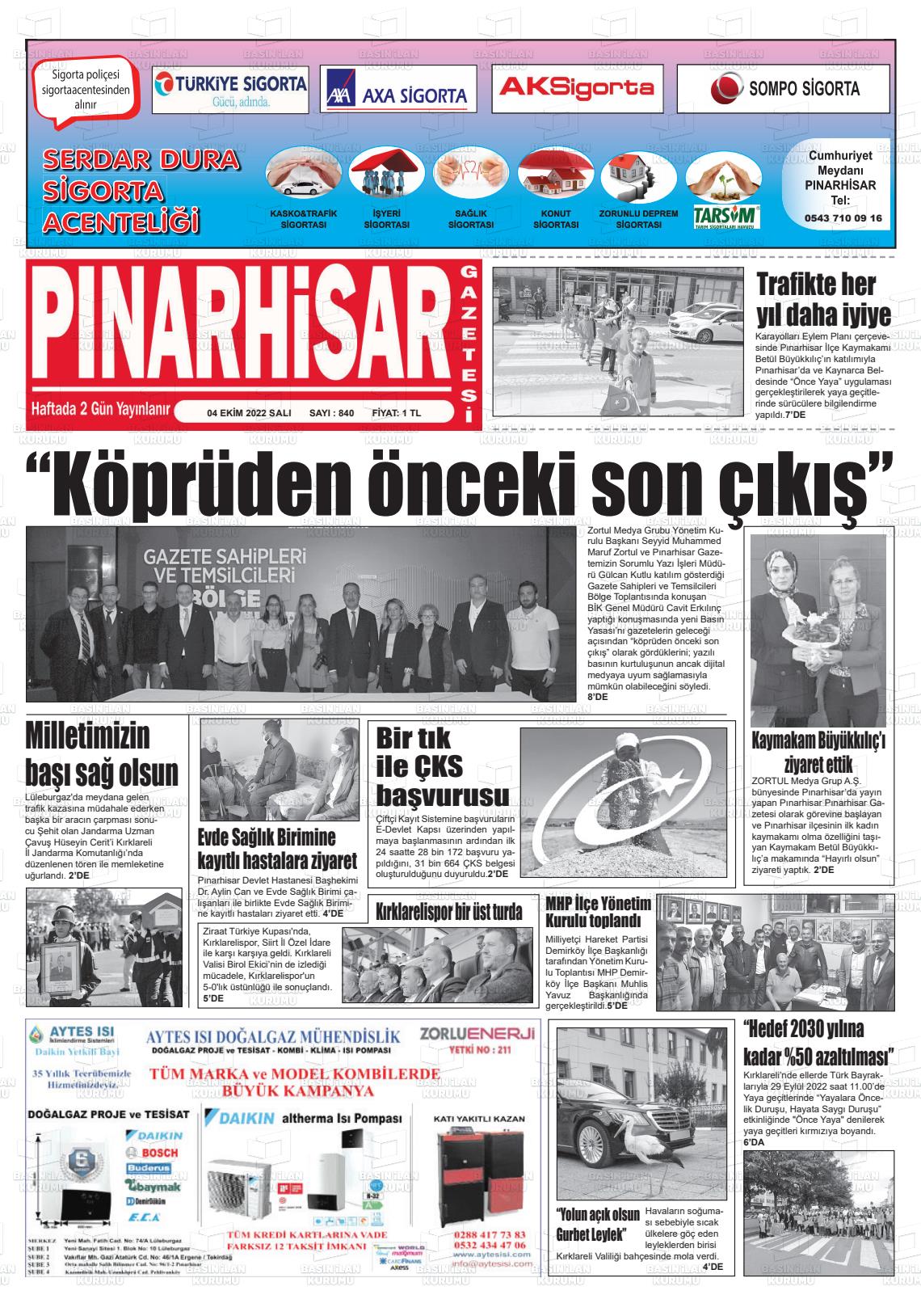 04 Ekim 2022 Pınarhisar Gazete Manşeti
