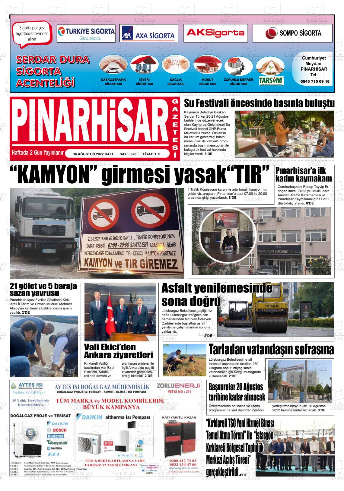 16 Ağustos 2022 Pınarhisar Gazete Manşeti