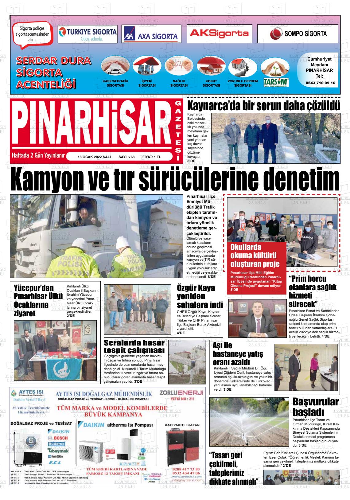 18 Ocak 2022 Pınarhisar Gazete Manşeti