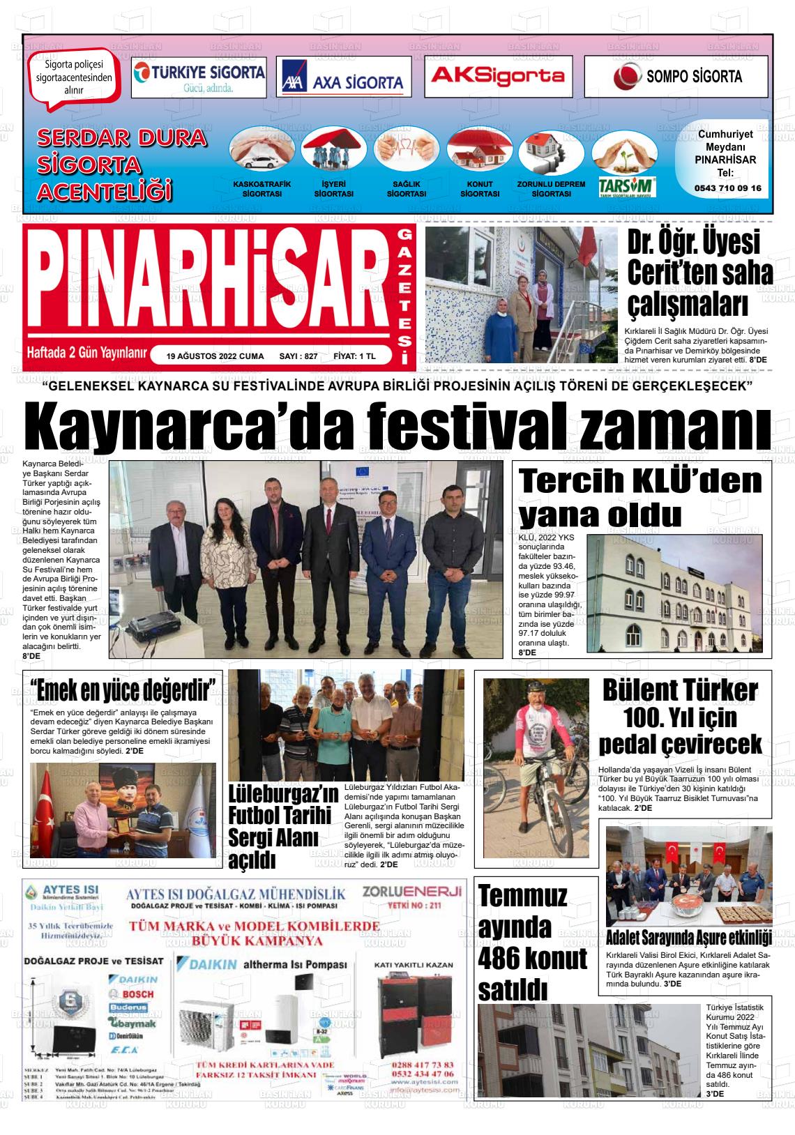 19 Ağustos 2022 Pınarhisar Gazete Manşeti