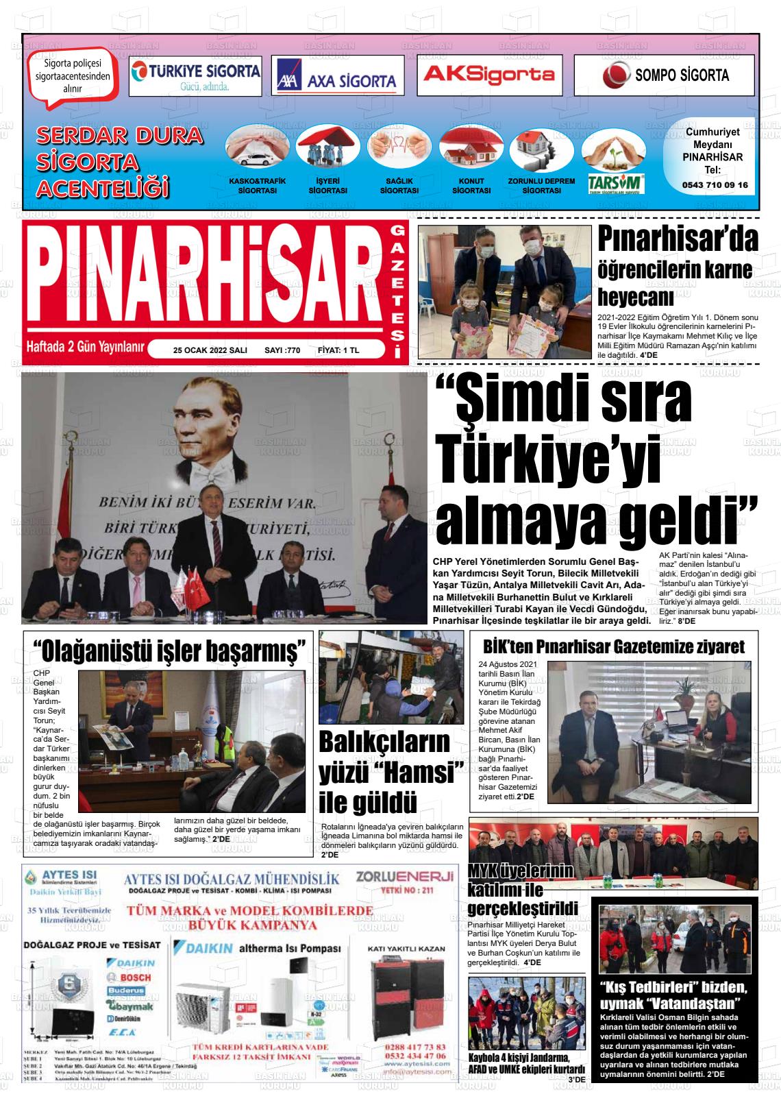 25 Ocak 2022 Pınarhisar Gazete Manşeti