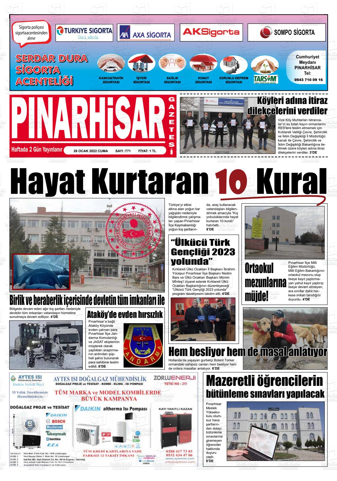 28 Ocak 2022 Pınarhisar Gazete Manşeti