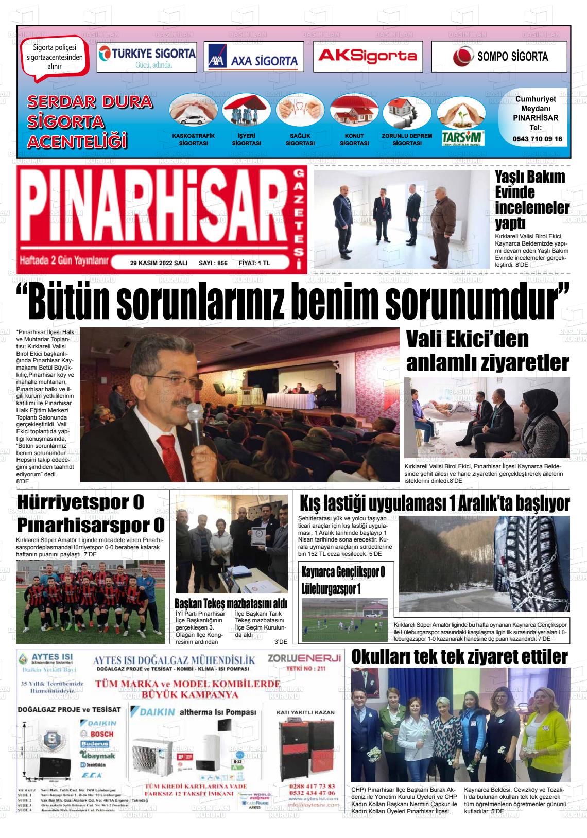 29 Kasım 2022 Pınarhisar Gazete Manşeti