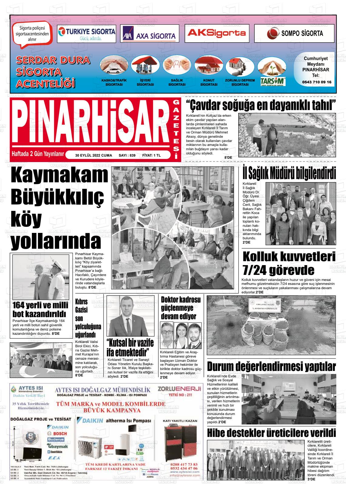 30 Eylül 2022 Pınarhisar Gazete Manşeti