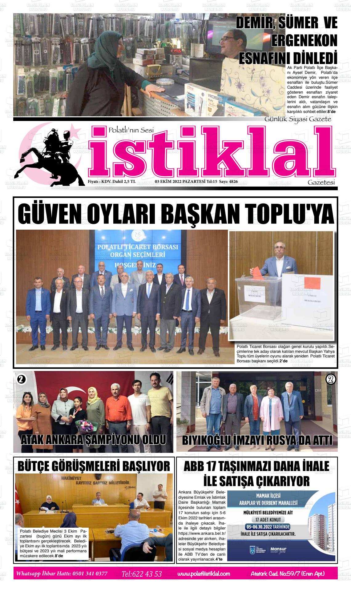 03 Ekim 2022 Polatlı İstiklal Gazete Manşeti