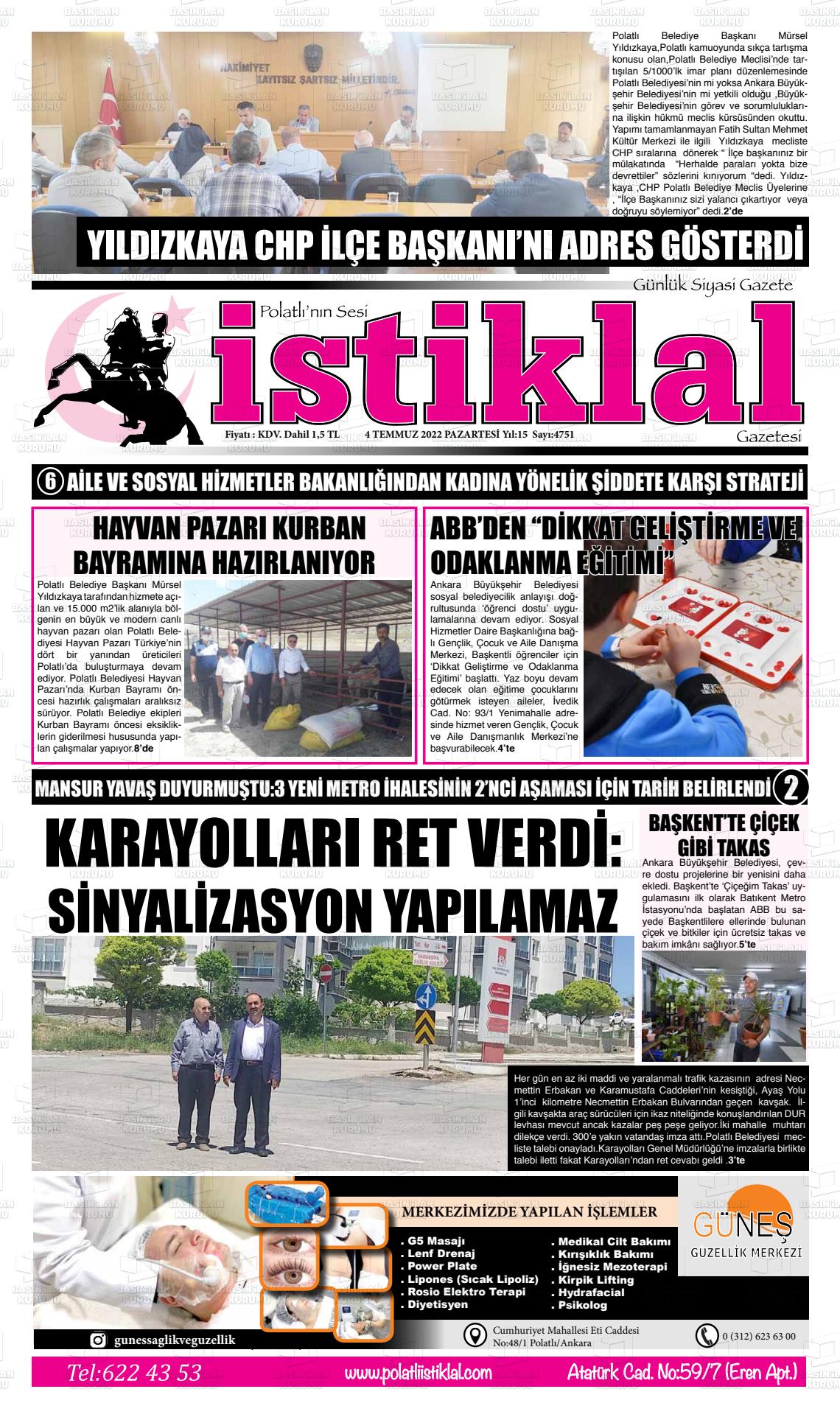 04 Temmuz 2022 Polatlı İstiklal Gazete Manşeti