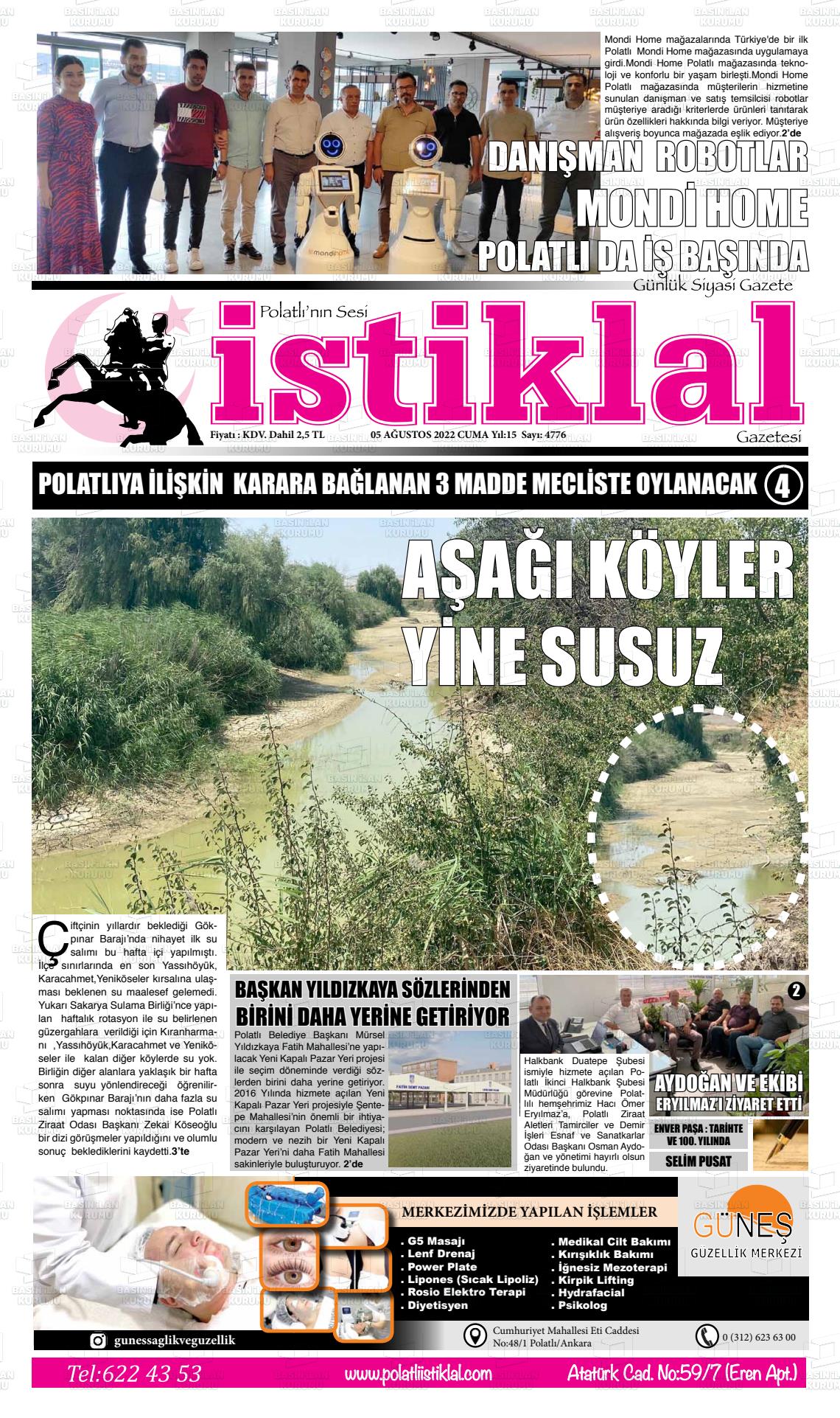 05 Ağustos 2022 Polatlı İstiklal Gazete Manşeti