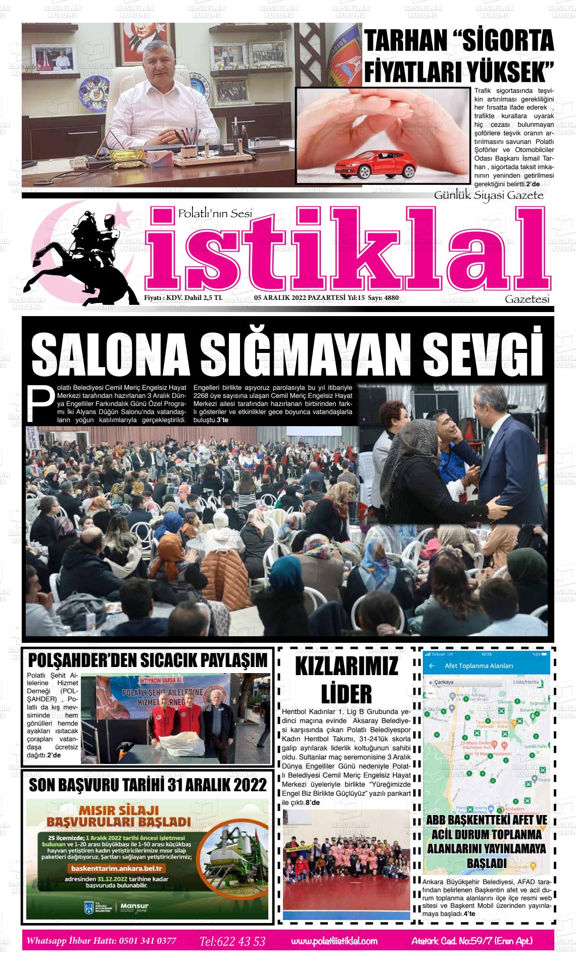 05 Aralık 2022 Polatlı İstiklal Gazete Manşeti
