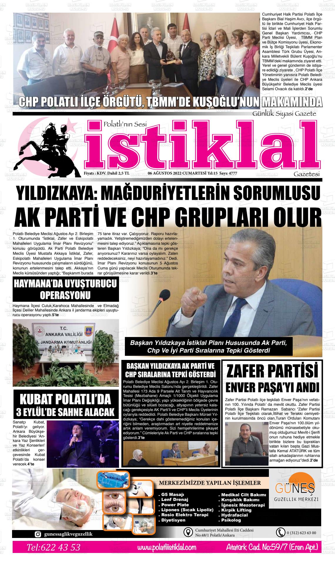 06 Ağustos 2022 Polatlı İstiklal Gazete Manşeti