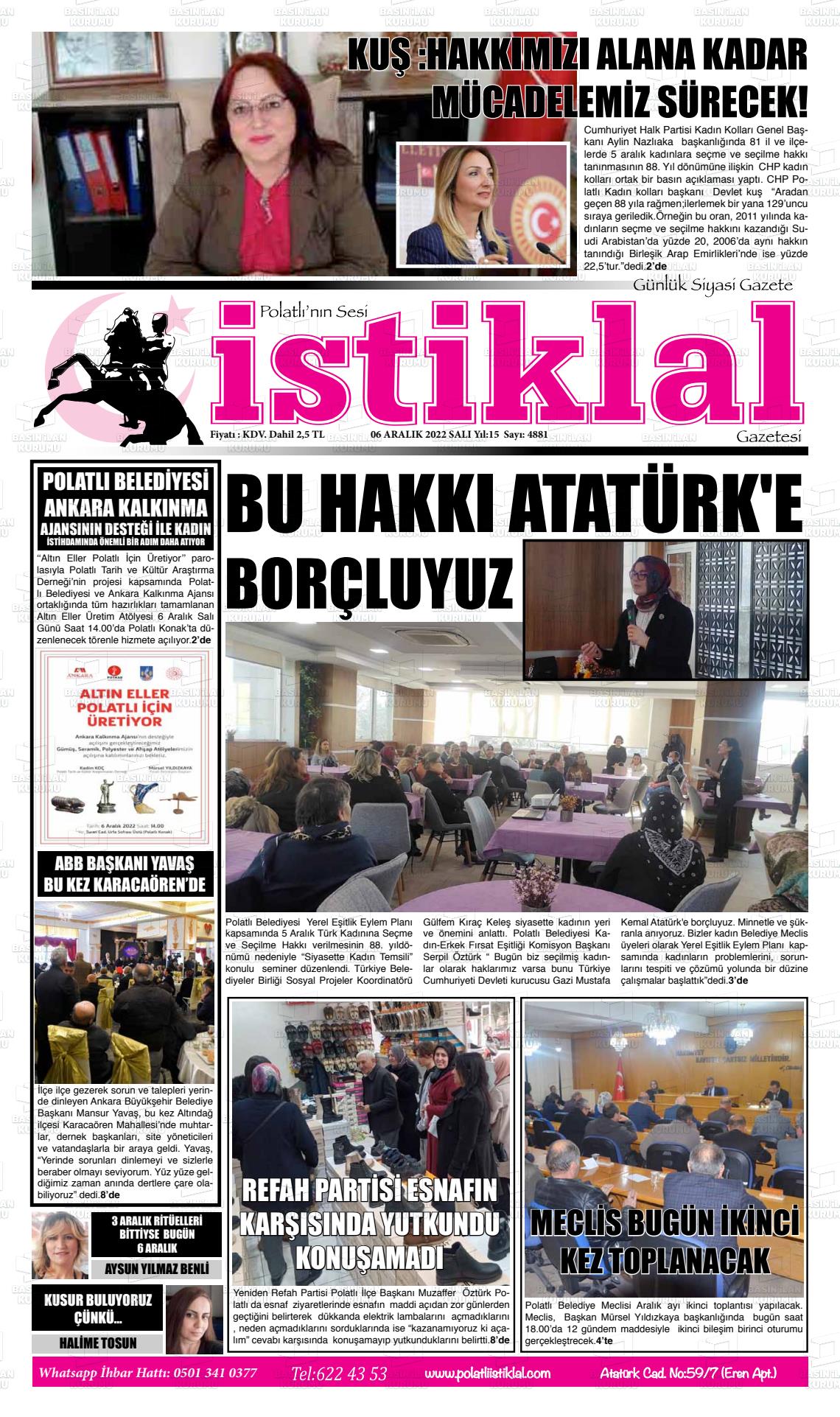 06 Aralık 2022 Polatlı İstiklal Gazete Manşeti