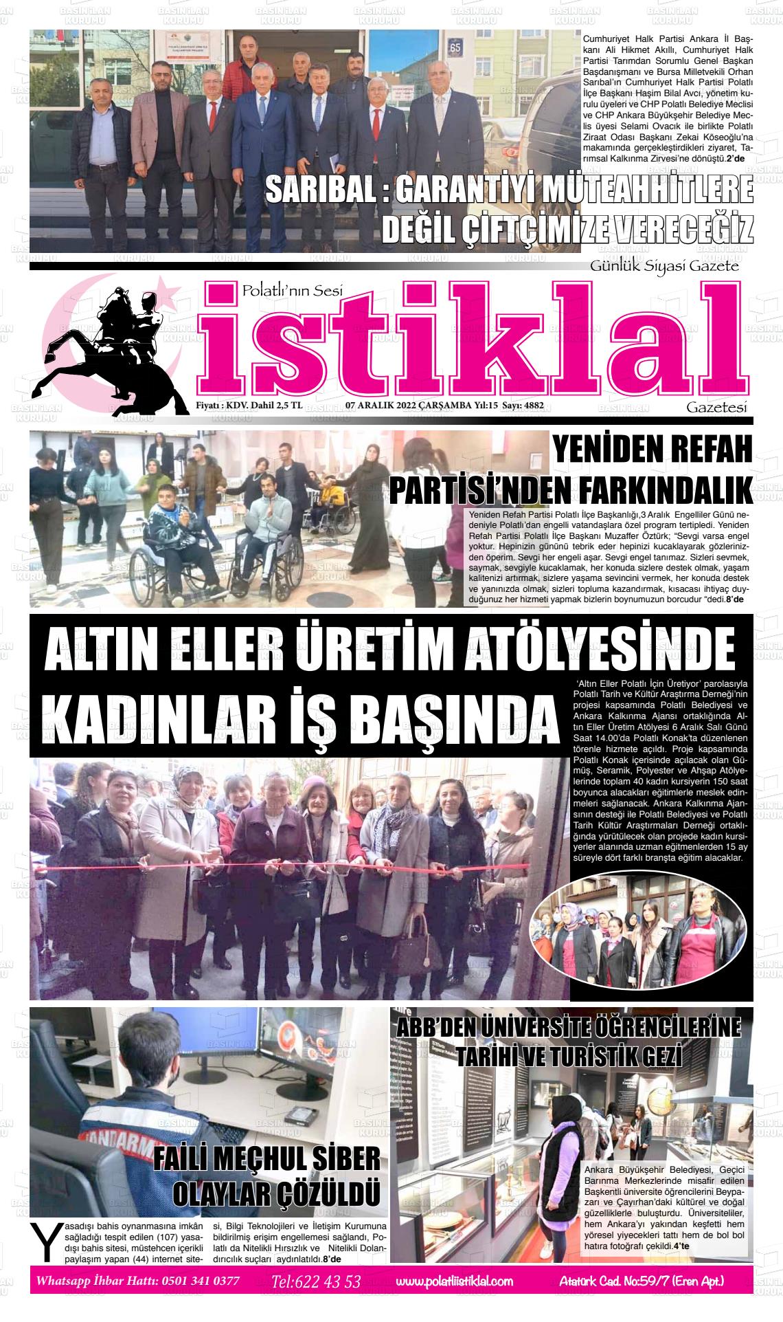 07 Aralık 2022 Polatlı İstiklal Gazete Manşeti