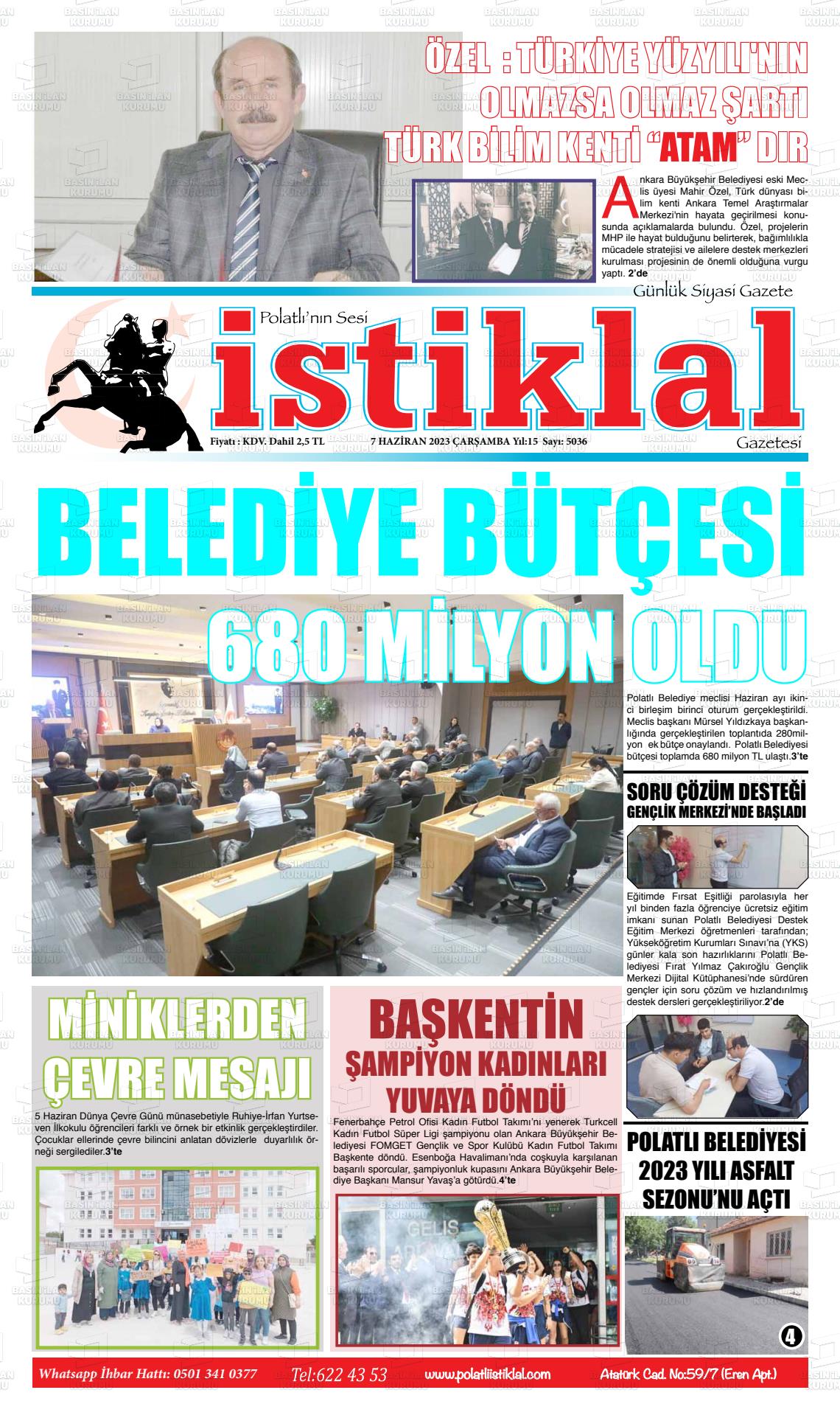 07 Haziran 2023 Polatlı İstiklal Gazete Manşeti