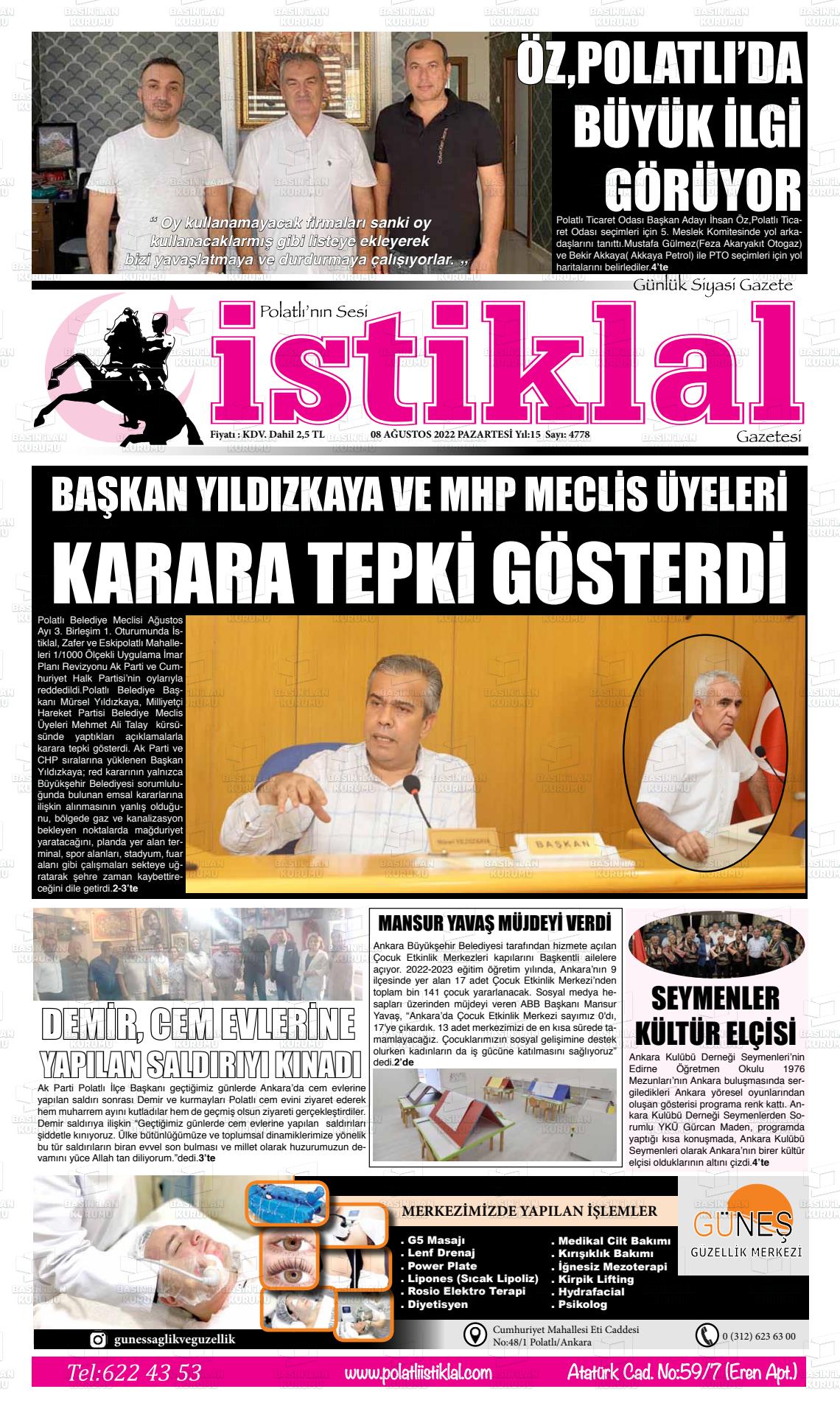 08 Ağustos 2022 Polatlı İstiklal Gazete Manşeti