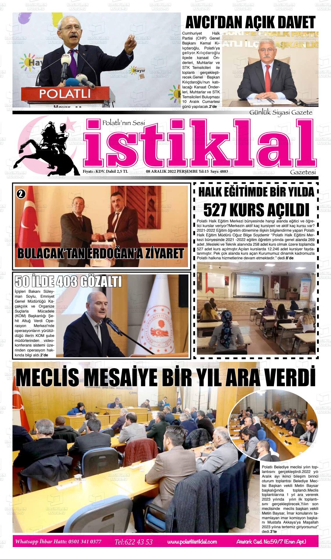 08 Aralık 2022 Polatlı İstiklal Gazete Manşeti