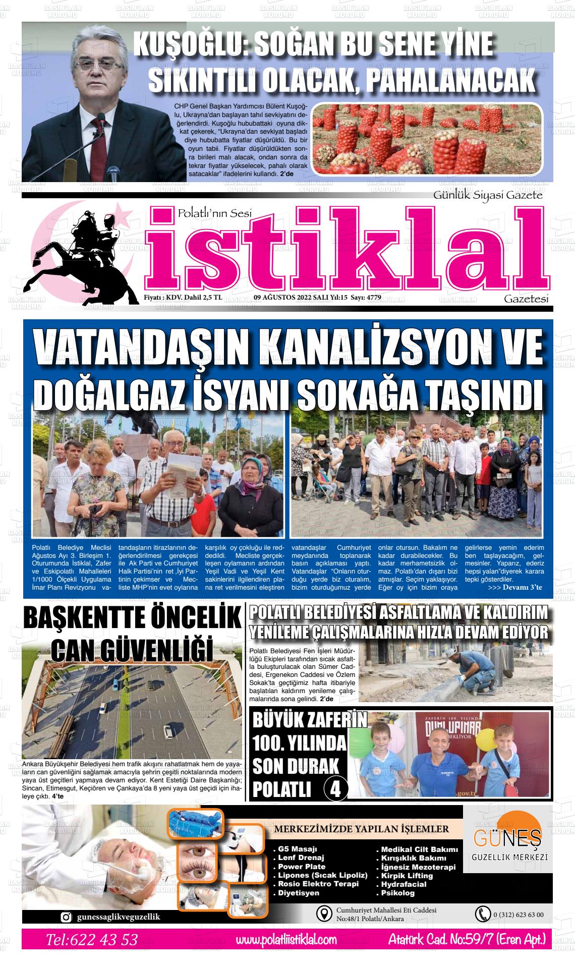 09 Ağustos 2022 Polatlı İstiklal Gazete Manşeti