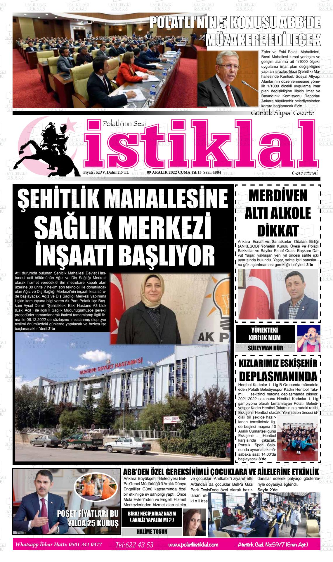 09 Aralık 2022 Polatlı İstiklal Gazete Manşeti