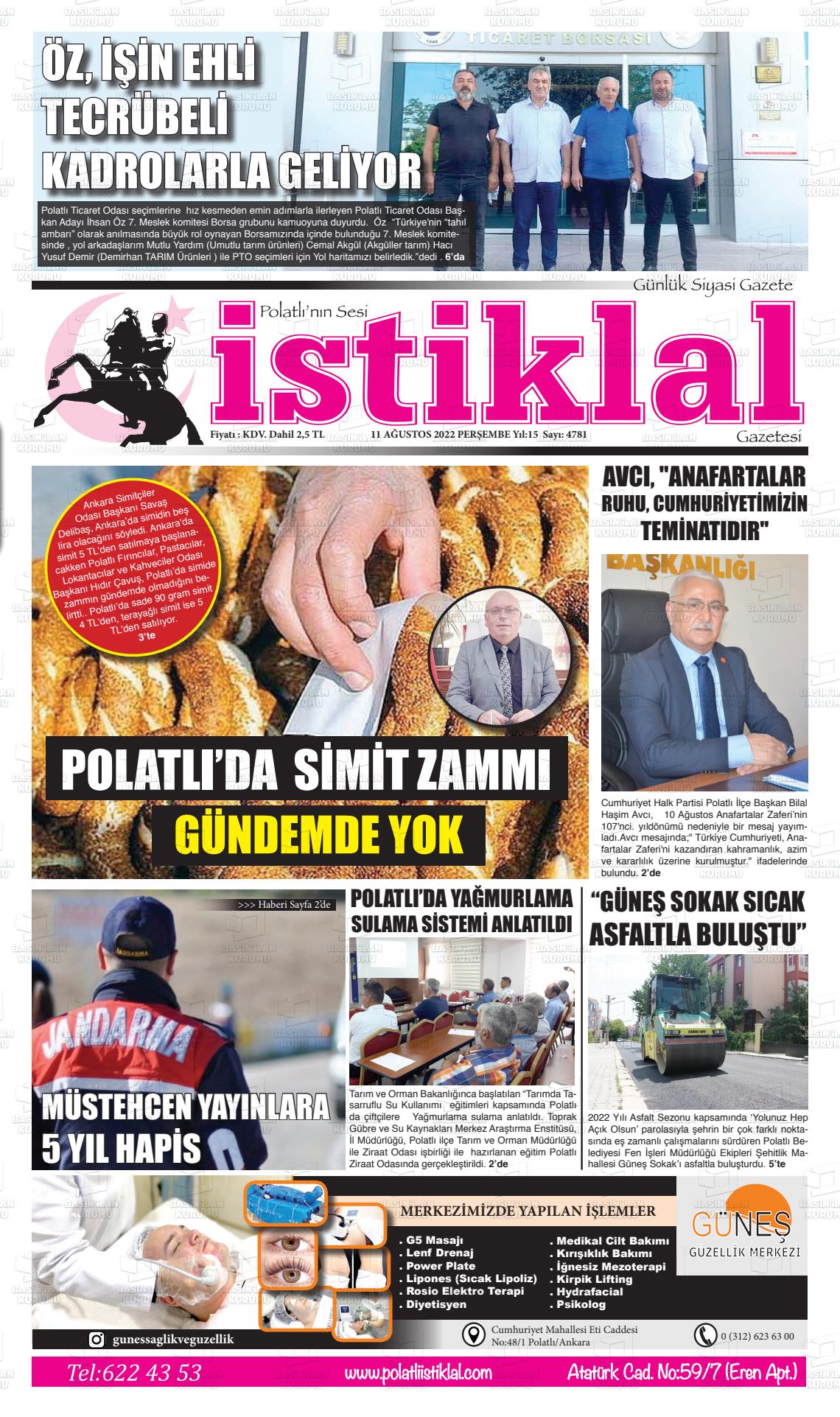 11 Ağustos 2022 Polatlı İstiklal Gazete Manşeti