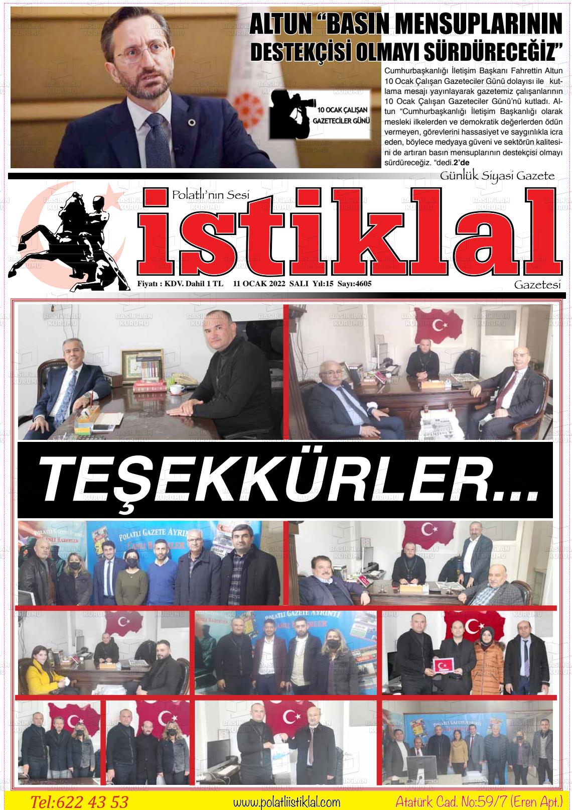 11 Ocak 2022 Polatlı İstiklal Gazete Manşeti