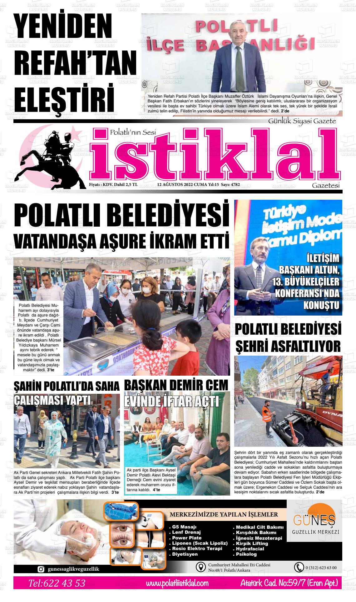 12 Ağustos 2022 Polatlı İstiklal Gazete Manşeti