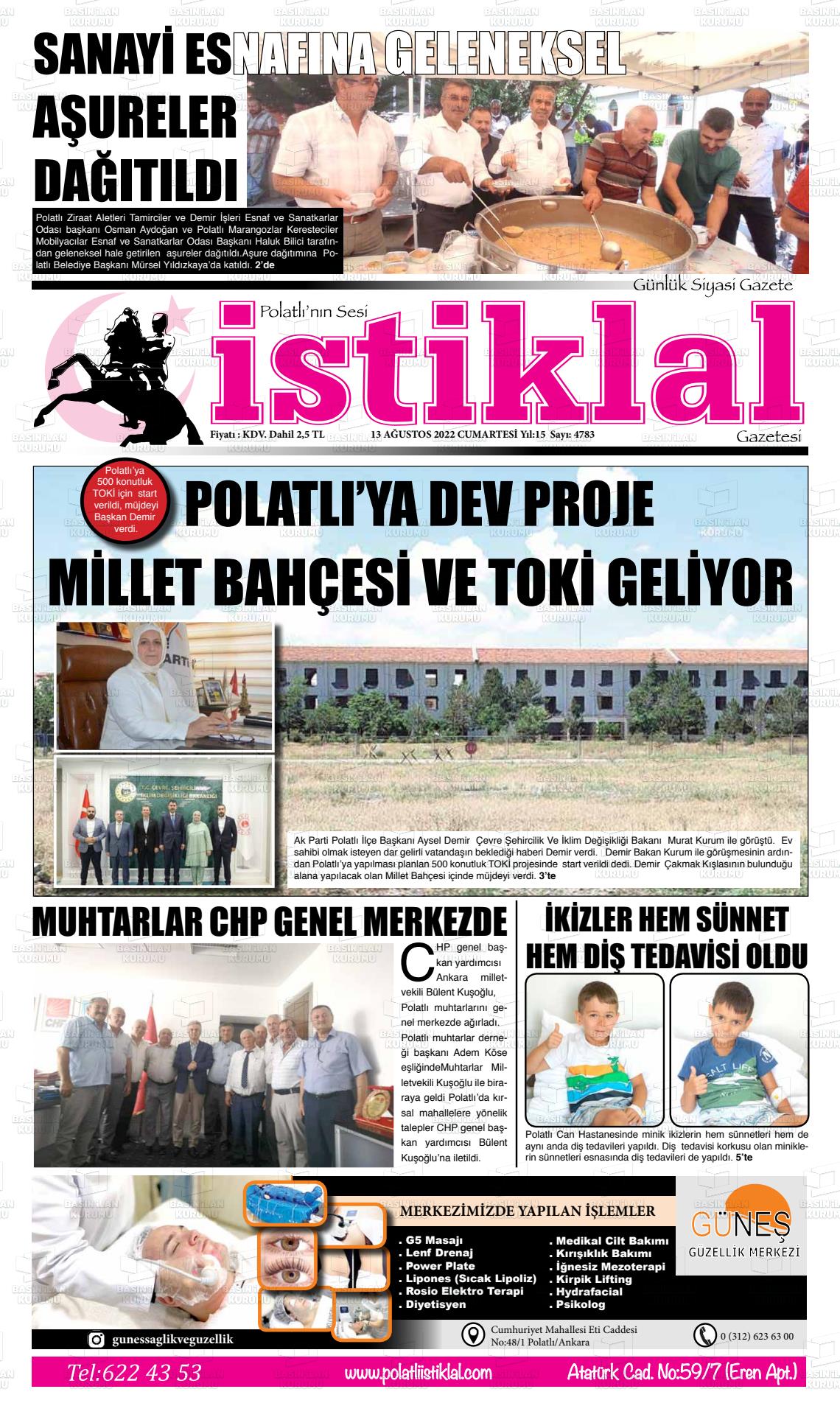 13 Ağustos 2022 Polatlı İstiklal Gazete Manşeti