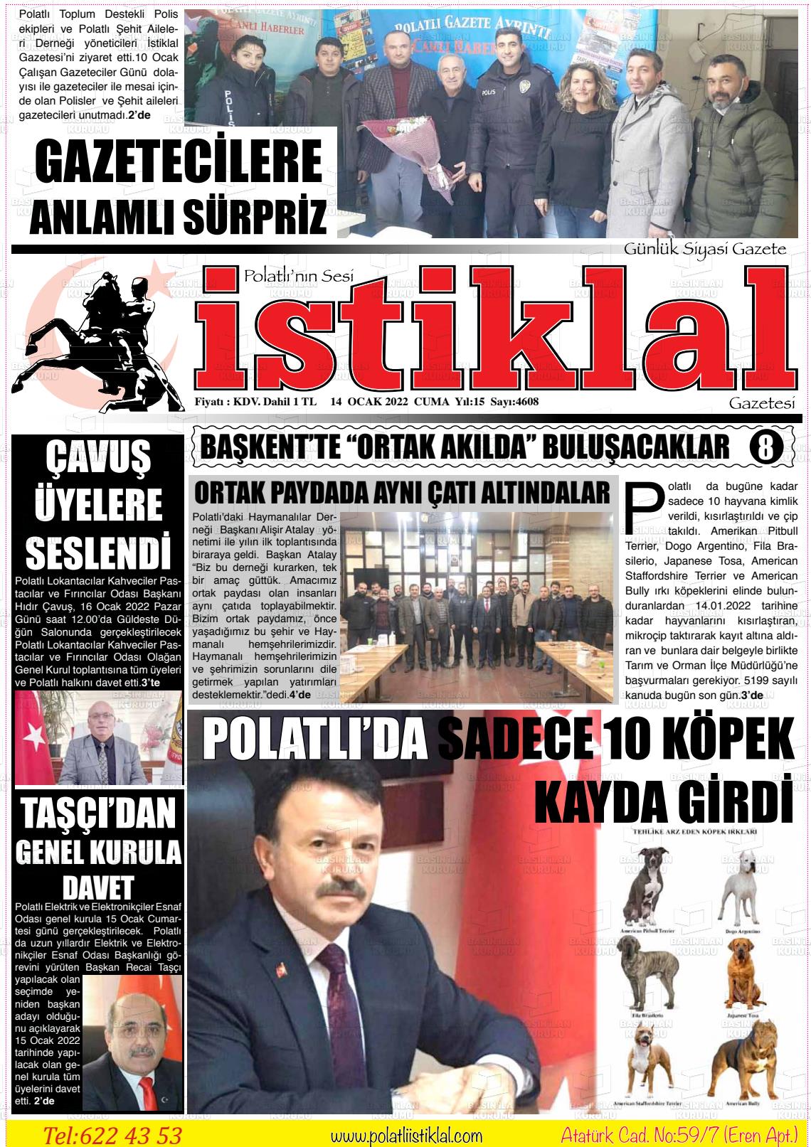 14 Ocak 2022 Polatlı İstiklal Gazete Manşeti