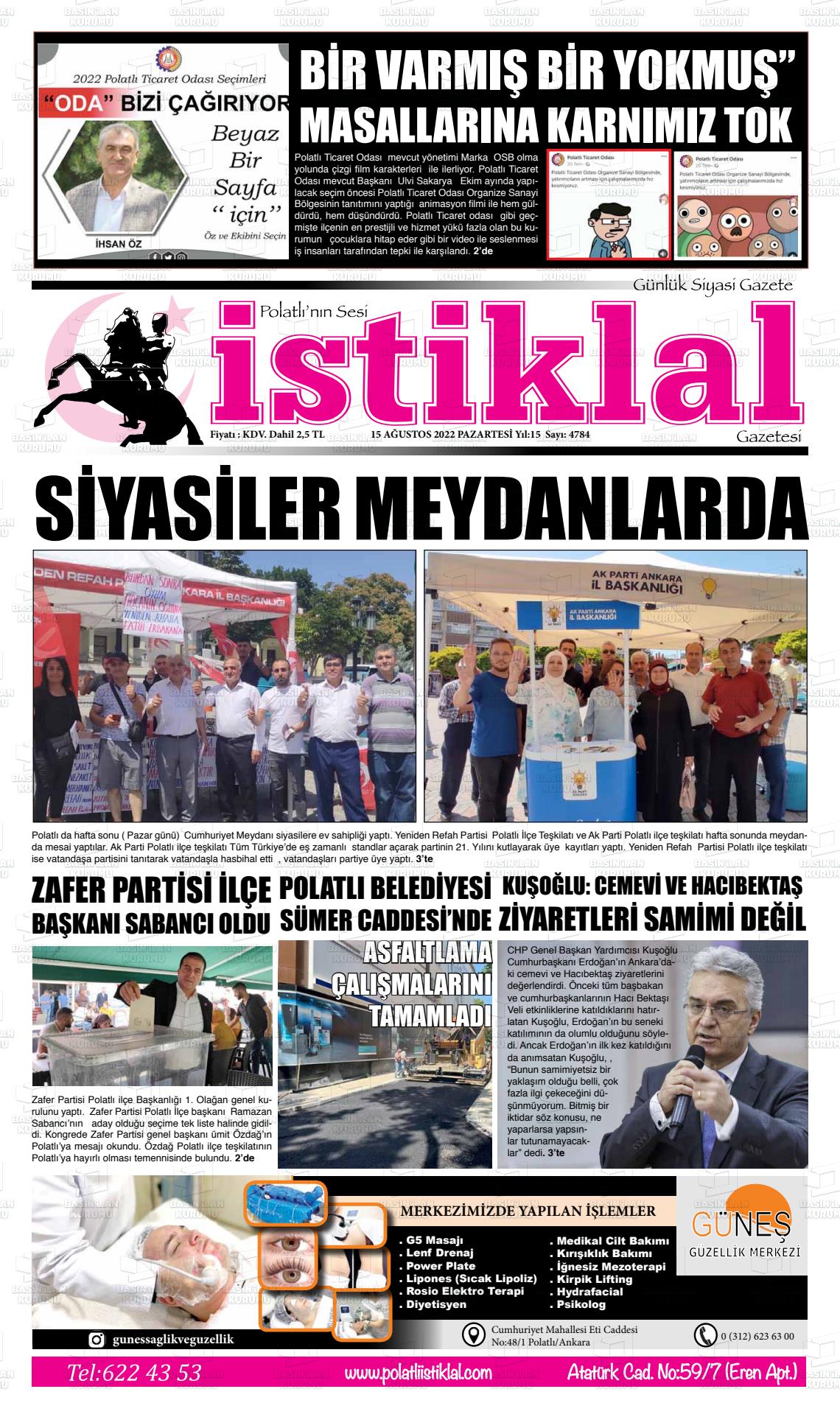 15 Ağustos 2022 Polatlı İstiklal Gazete Manşeti