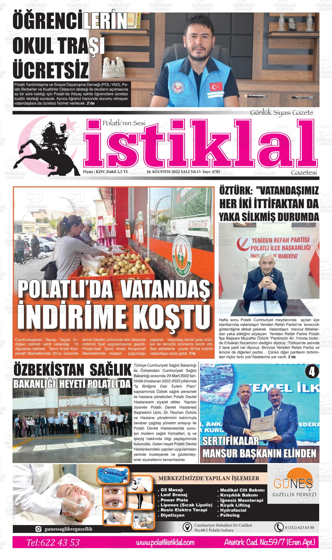 16 Ağustos 2022 Polatlı İstiklal Gazete Manşeti