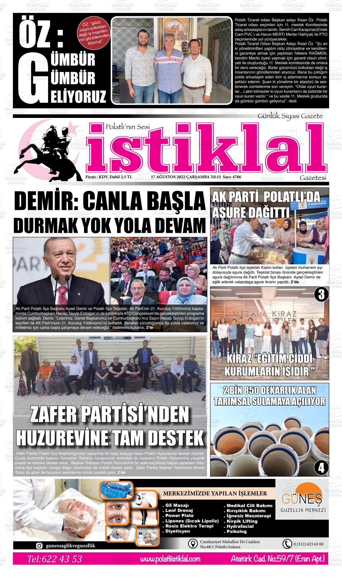 17 Ağustos 2022 Polatlı İstiklal Gazete Manşeti
