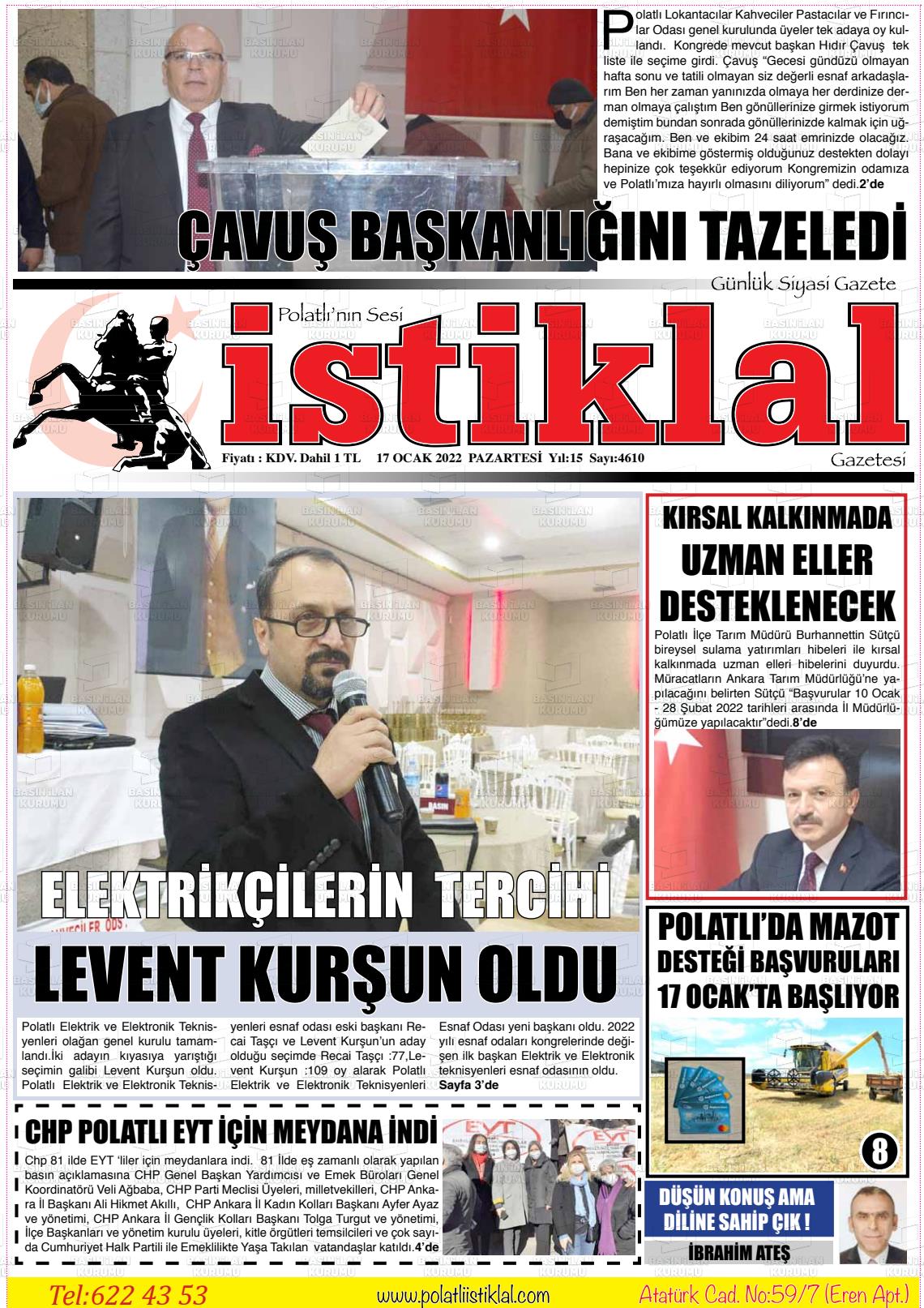 17 Ocak 2022 Polatlı İstiklal Gazete Manşeti