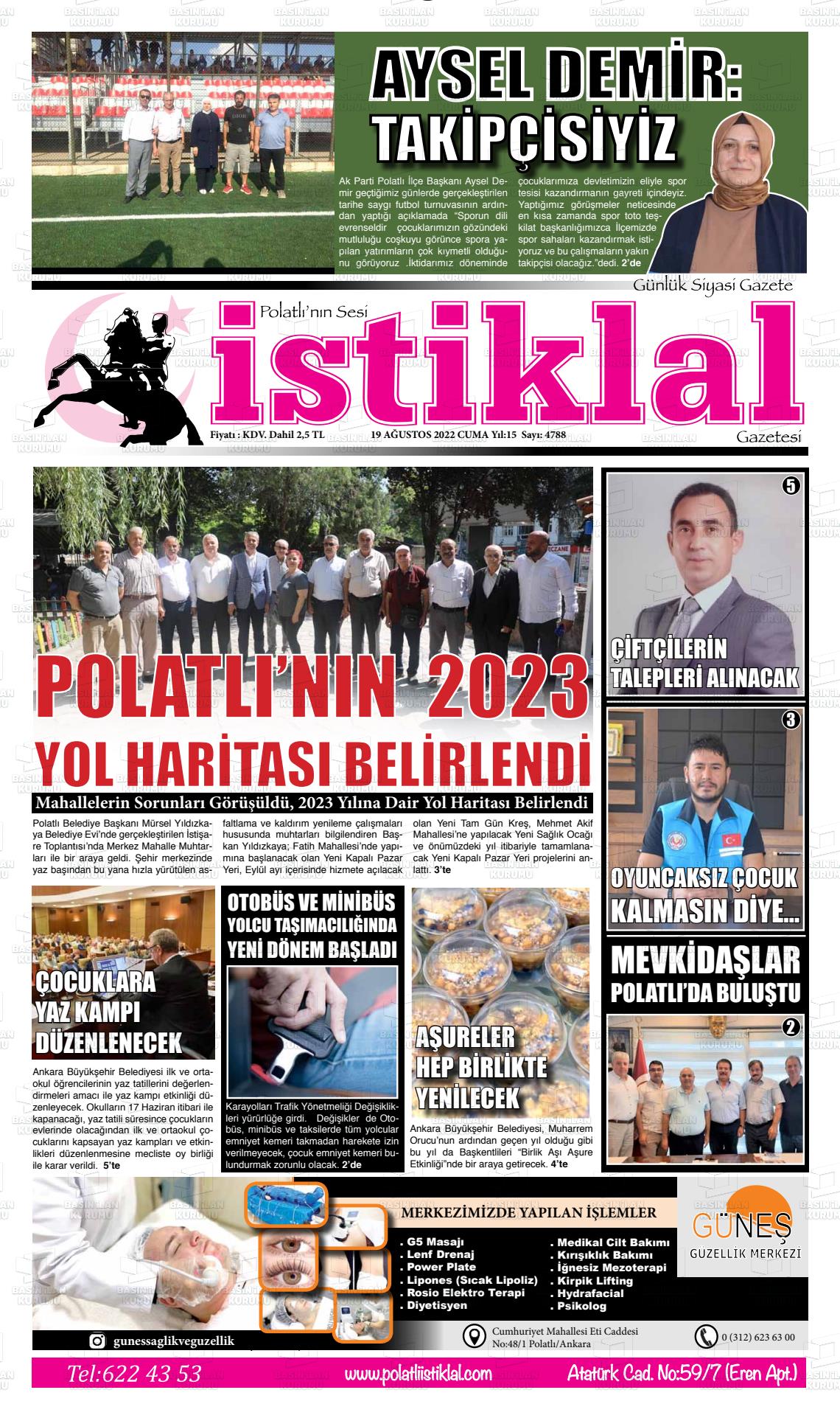 19 Ağustos 2022 Polatlı İstiklal Gazete Manşeti