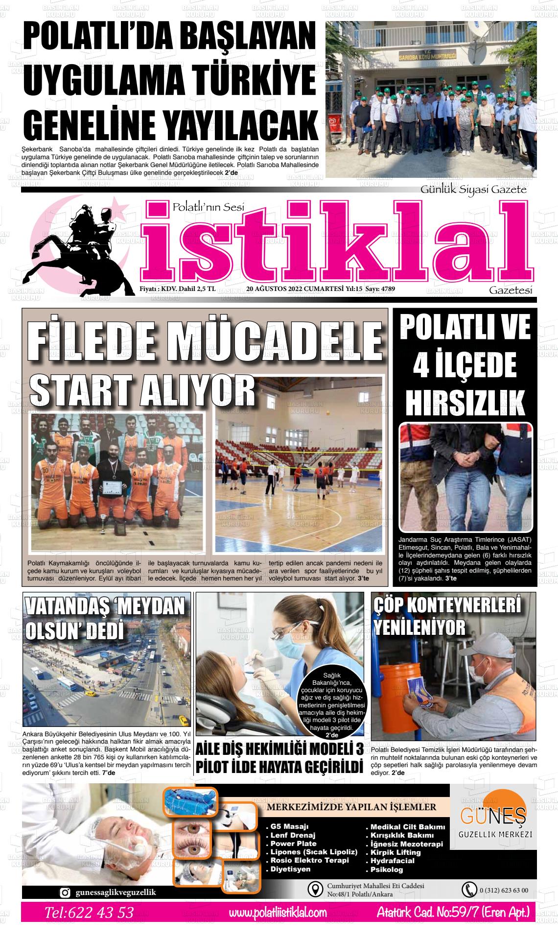 20 Ağustos 2022 Polatlı İstiklal Gazete Manşeti