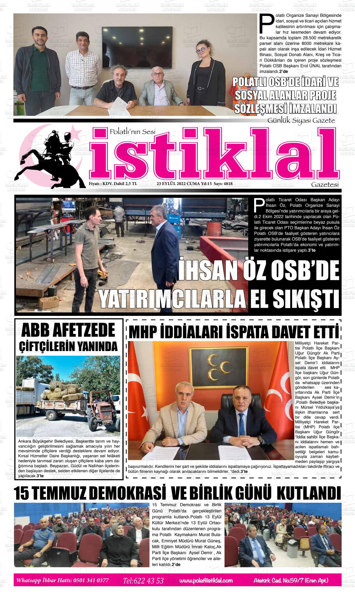 23 Eylül 2022 Polatlı İstiklal Gazete Manşeti