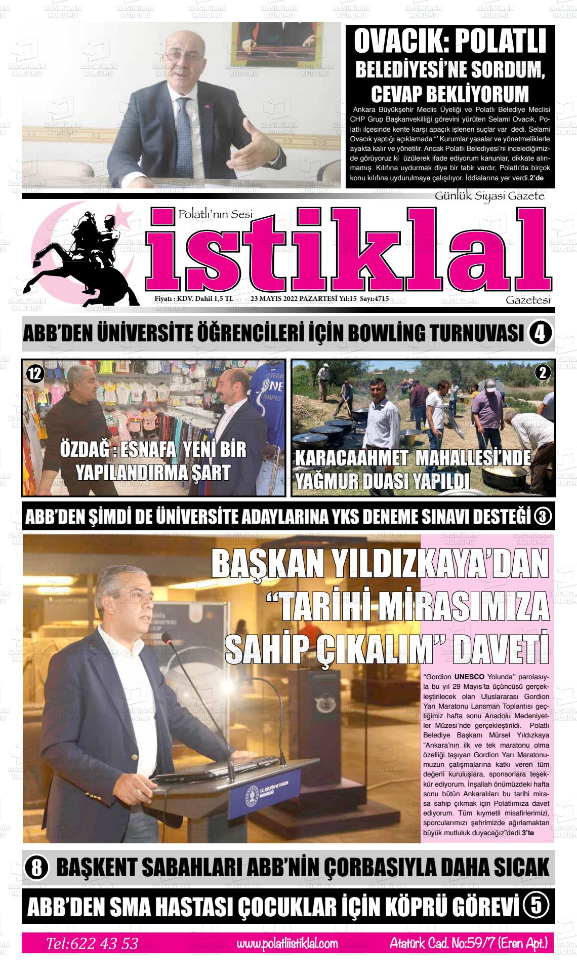 23 Mayıs 2022 Polatlı İstiklal Gazete Manşeti