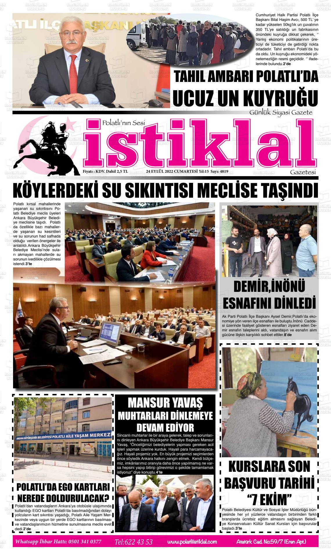 24 Eylül 2022 Polatlı İstiklal Gazete Manşeti