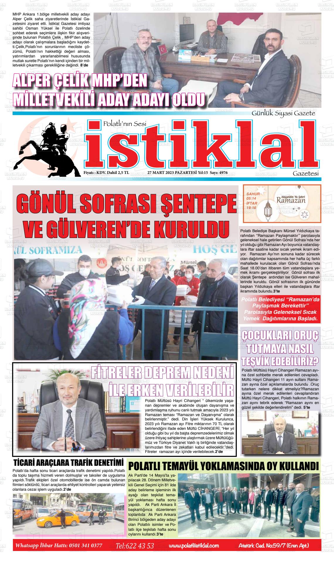 27 Mart 2023 Polatlı İstiklal Gazete Manşeti