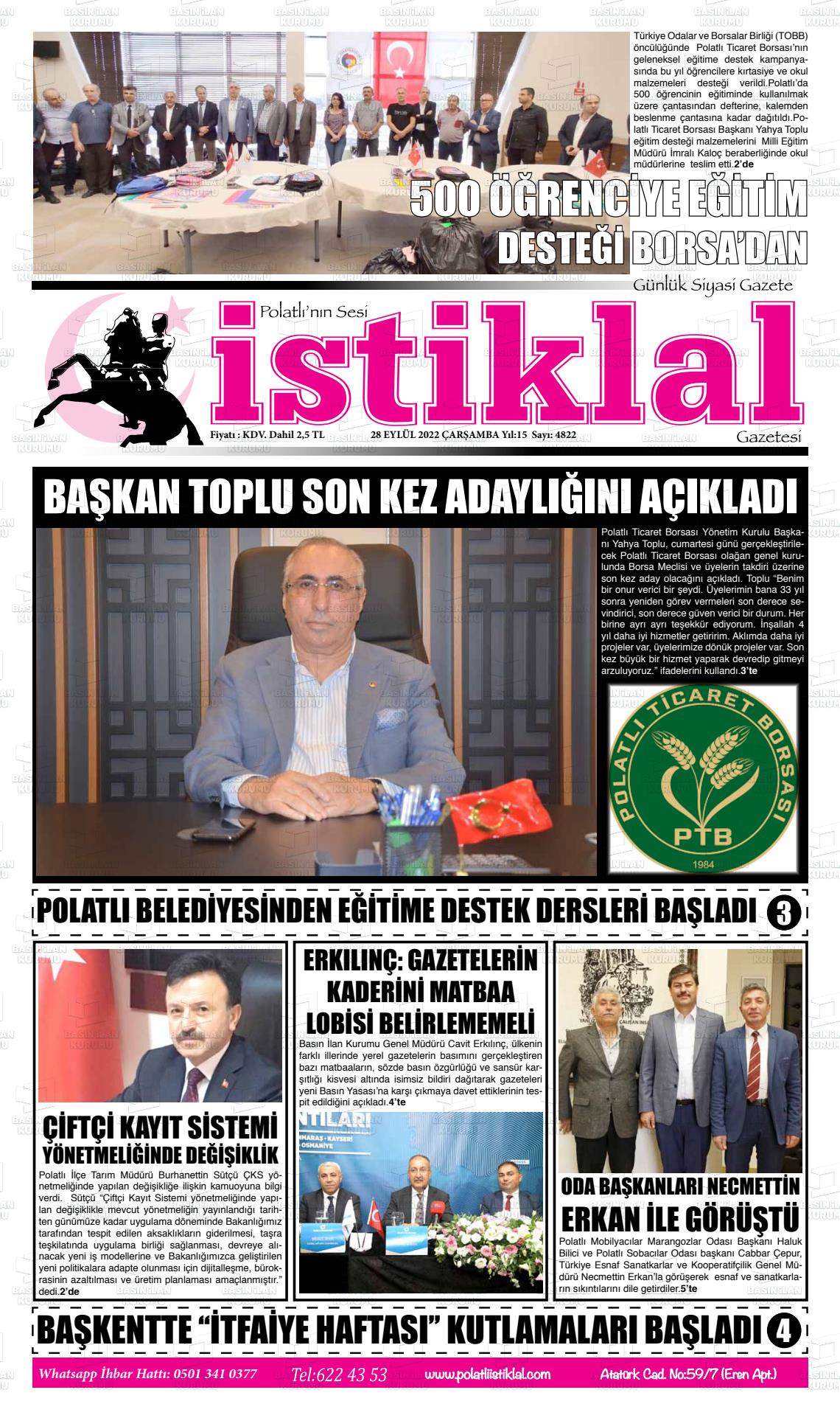 28 Eylül 2022 Polatlı İstiklal Gazete Manşeti