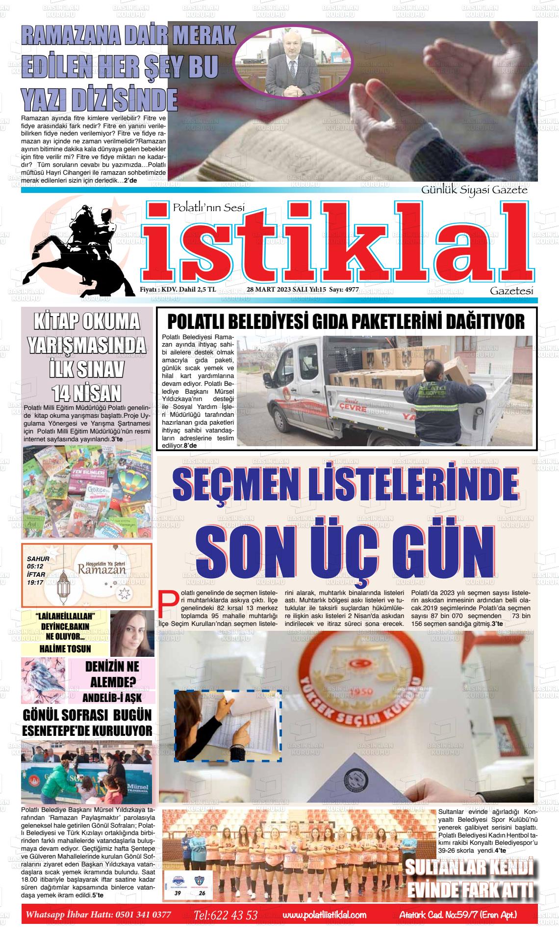 28 Mart 2023 Polatlı İstiklal Gazete Manşeti