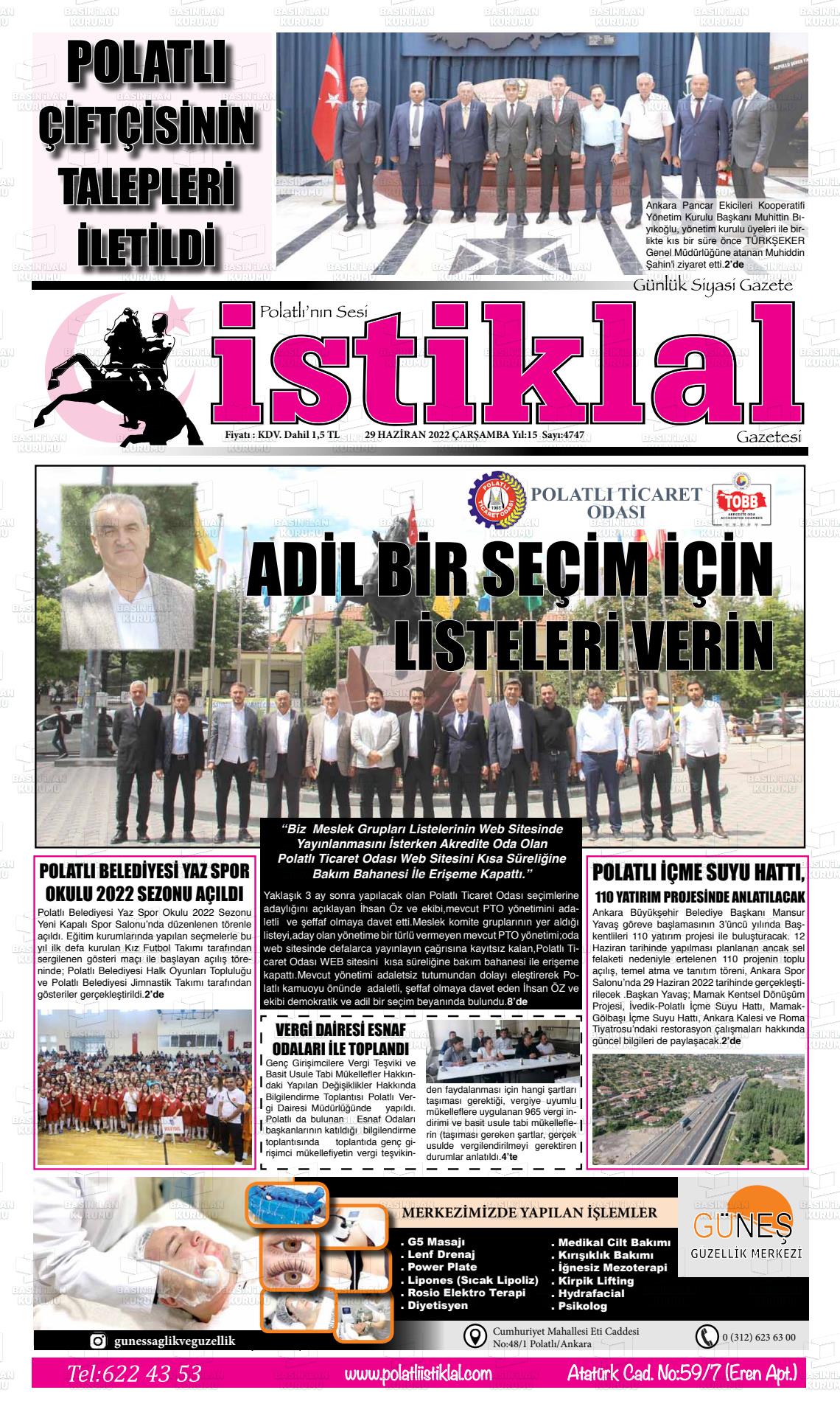 29 Haziran 2022 Polatlı İstiklal Gazete Manşeti