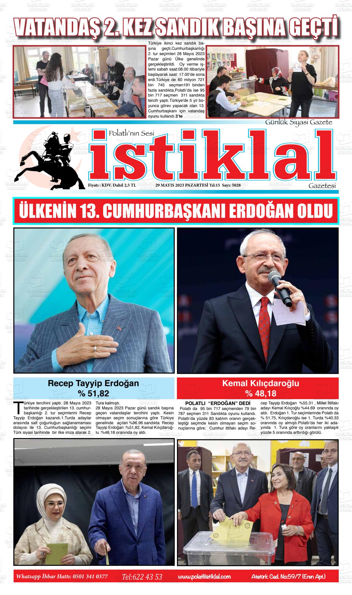 29 Mayıs 2023 Polatlı İstiklal Gazete Manşeti