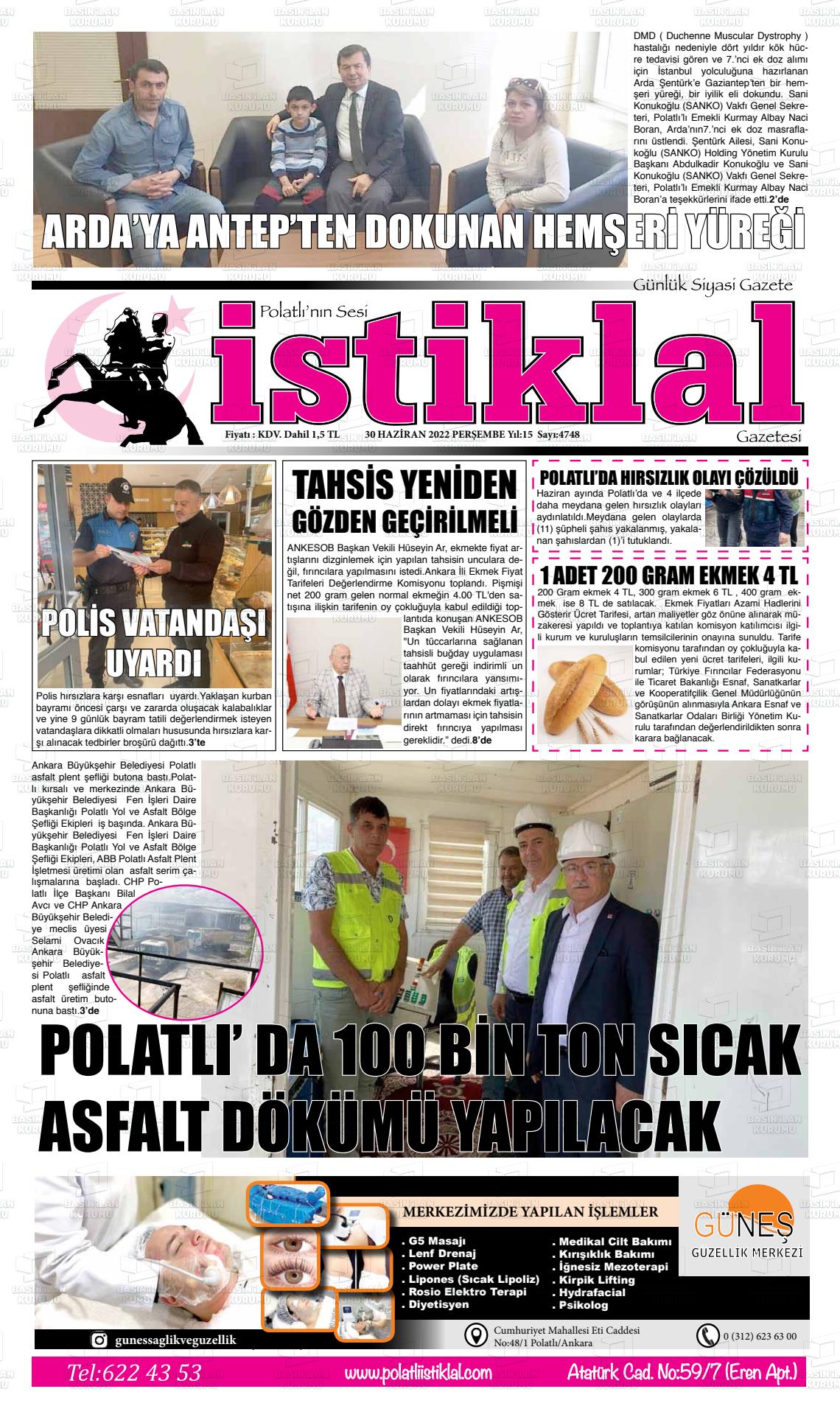 01 Temmuz 2022 Polatlı İstiklal Gazete Manşeti