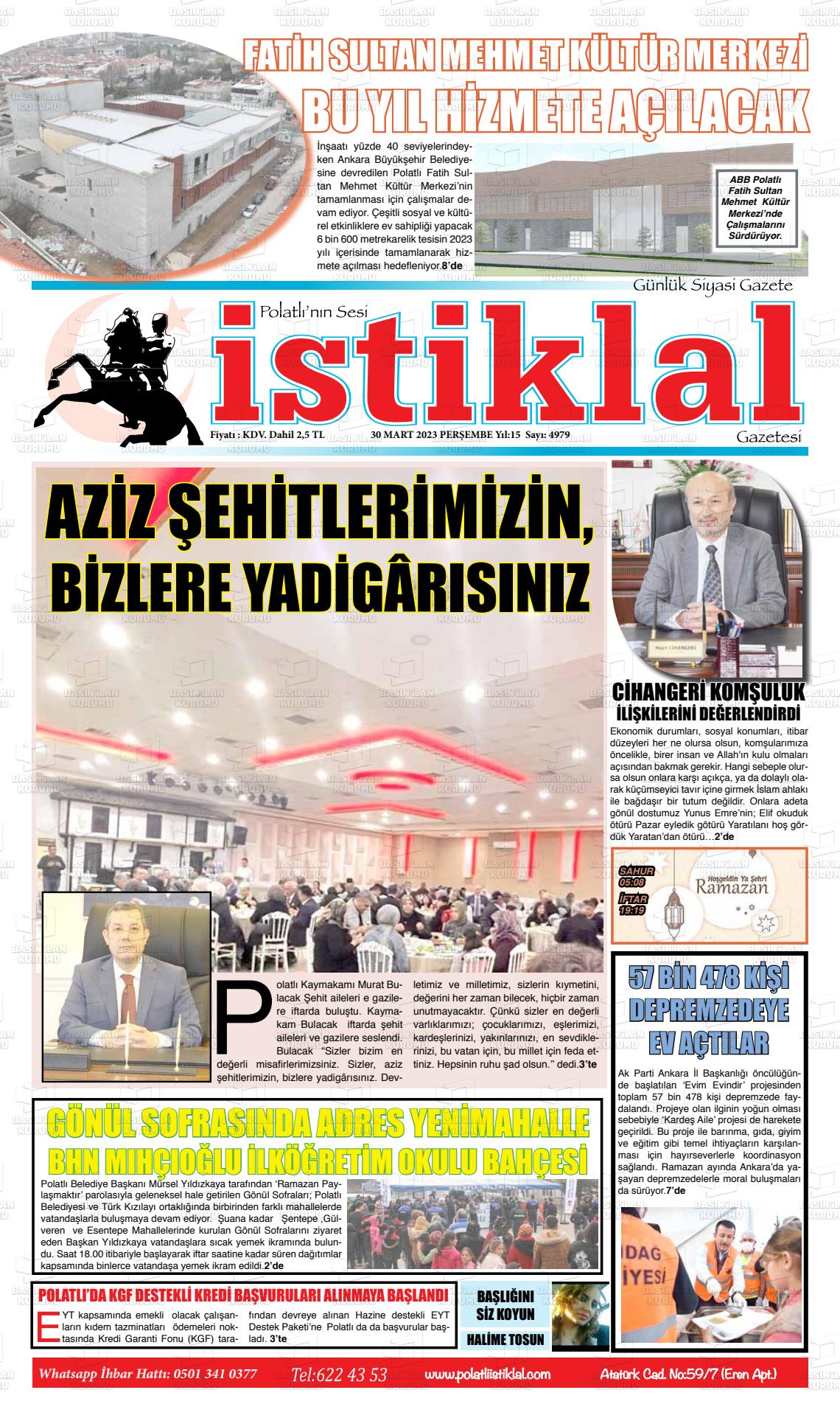 30 Mart 2023 Polatlı İstiklal Gazete Manşeti