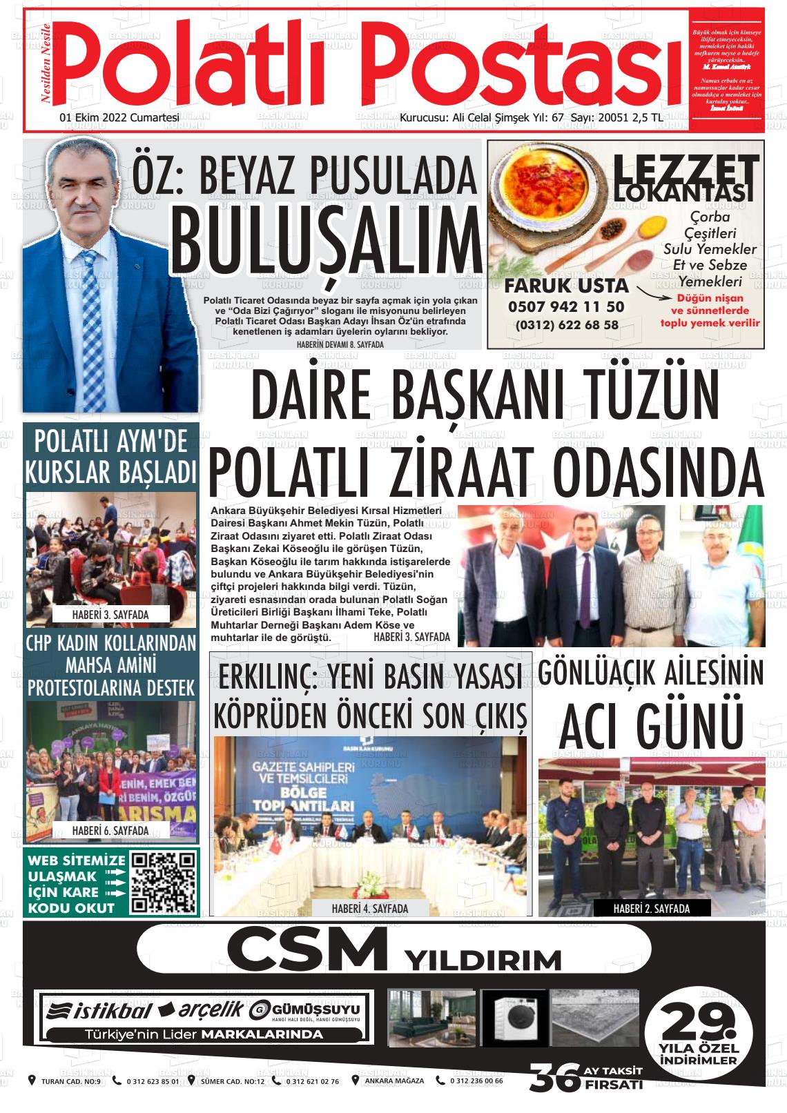 01 Ekim 2022 Polatlı Postası Gazete Manşeti