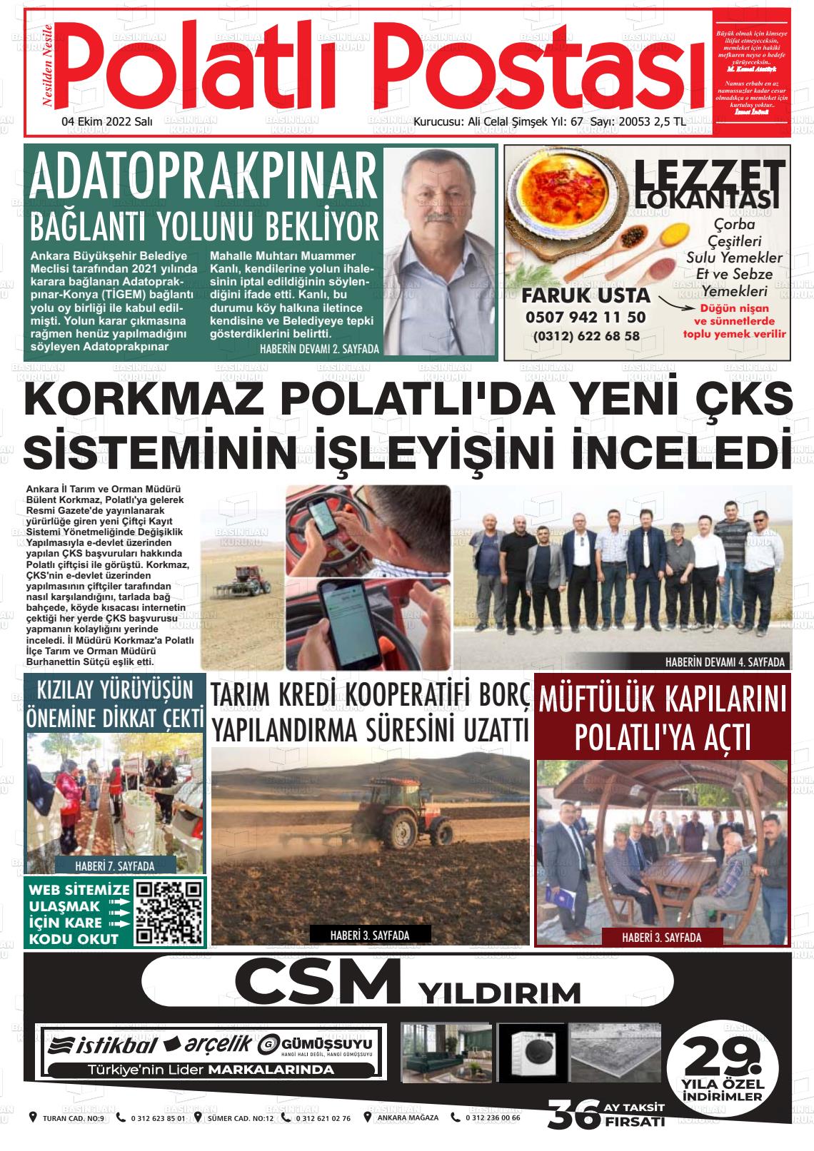 04 Ekim 2022 Polatlı Postası Gazete Manşeti