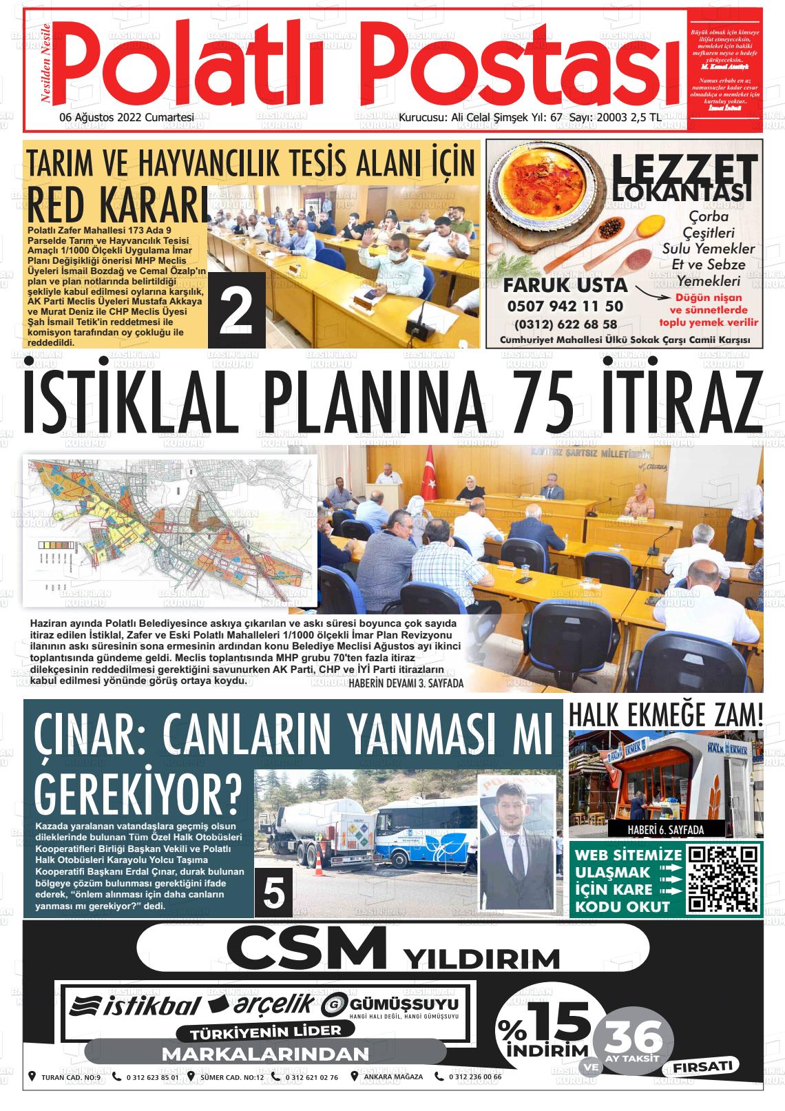 06 Ağustos 2022 Polatlı Postası Gazete Manşeti