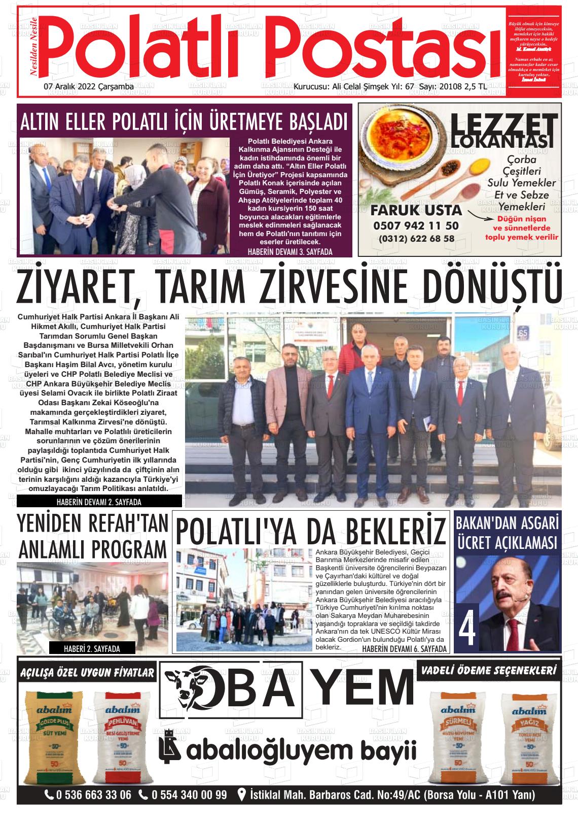 07 Aralık 2022 Polatlı Postası Gazete Manşeti