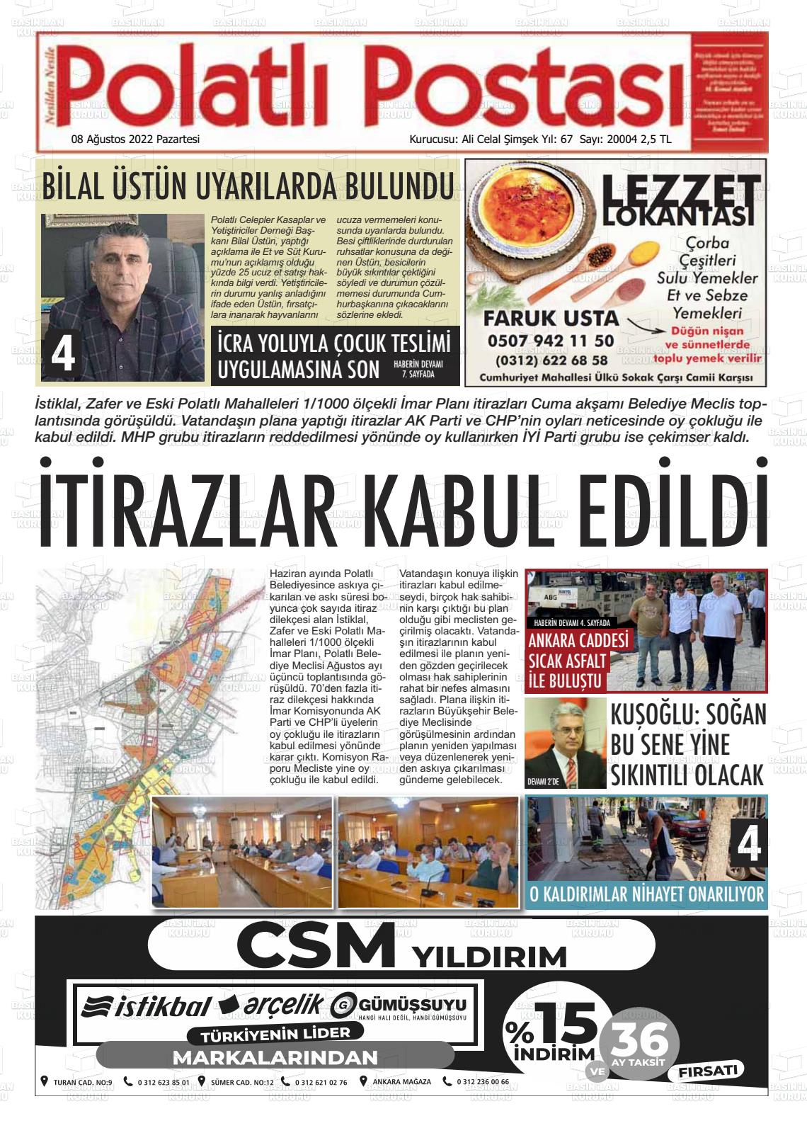 08 Ağustos 2022 Polatlı Postası Gazete Manşeti